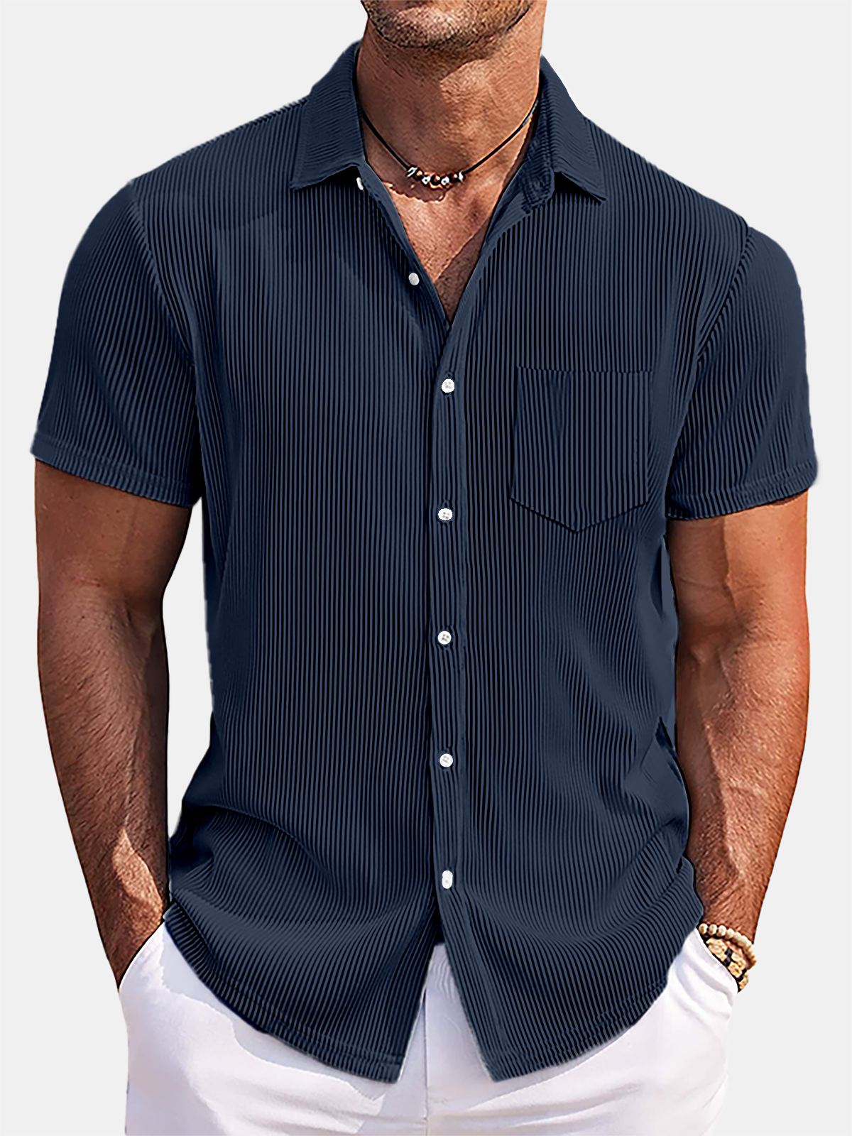 Men's Solid Color Loose And Comfortable Vertical Striped Short-sleeved Shirt