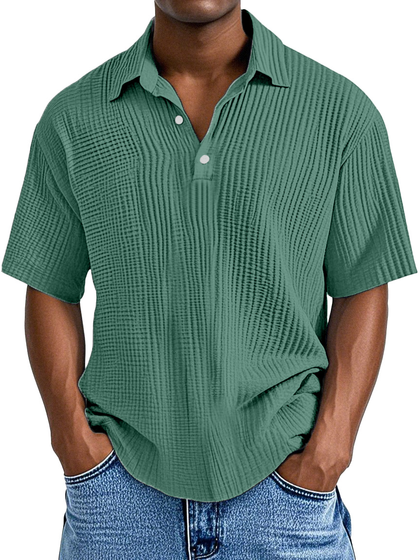 Men's Simple Daily Loose Pleated Texture Short Sleeve Lapel Polo Shirt