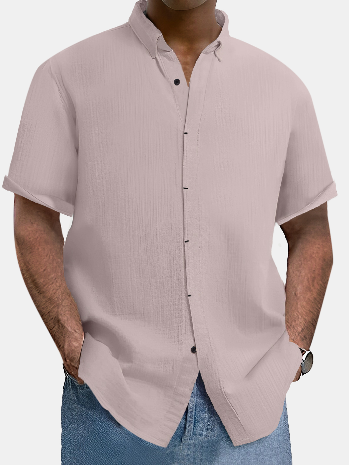Men's comfortable solid color cotton and linen short-sleeved shirt