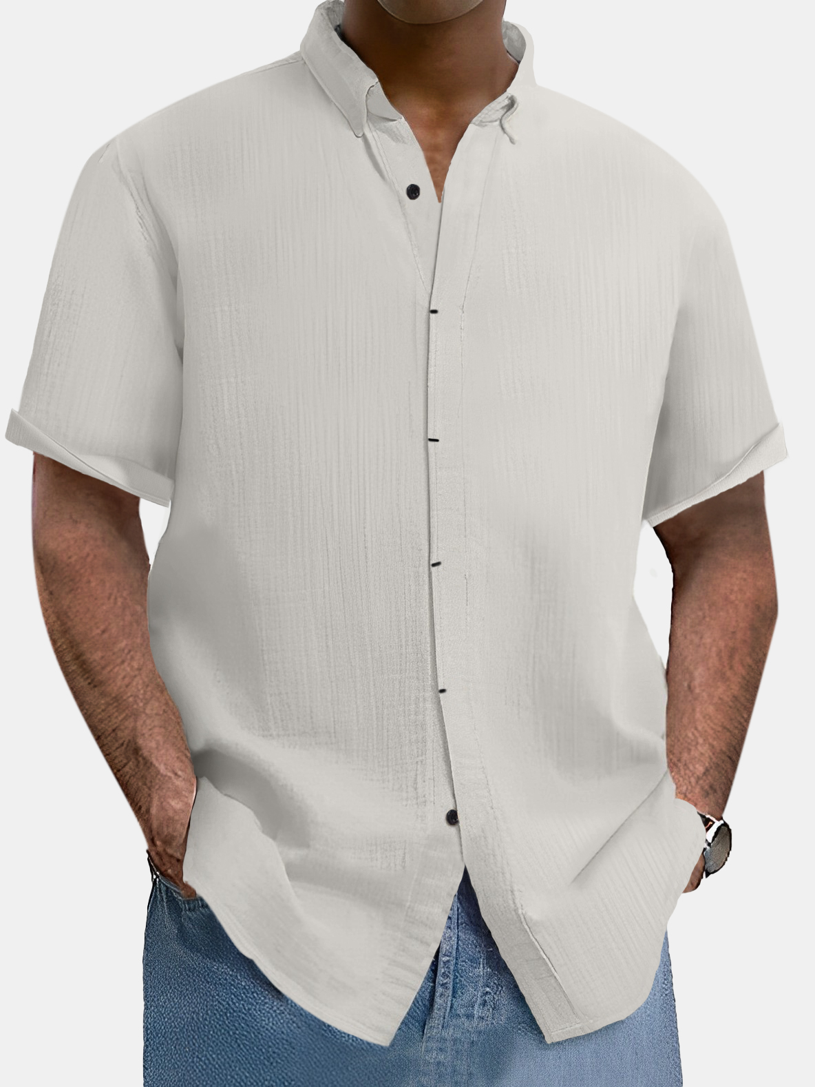 Men's comfortable solid color cotton and linen short-sleeved shirt