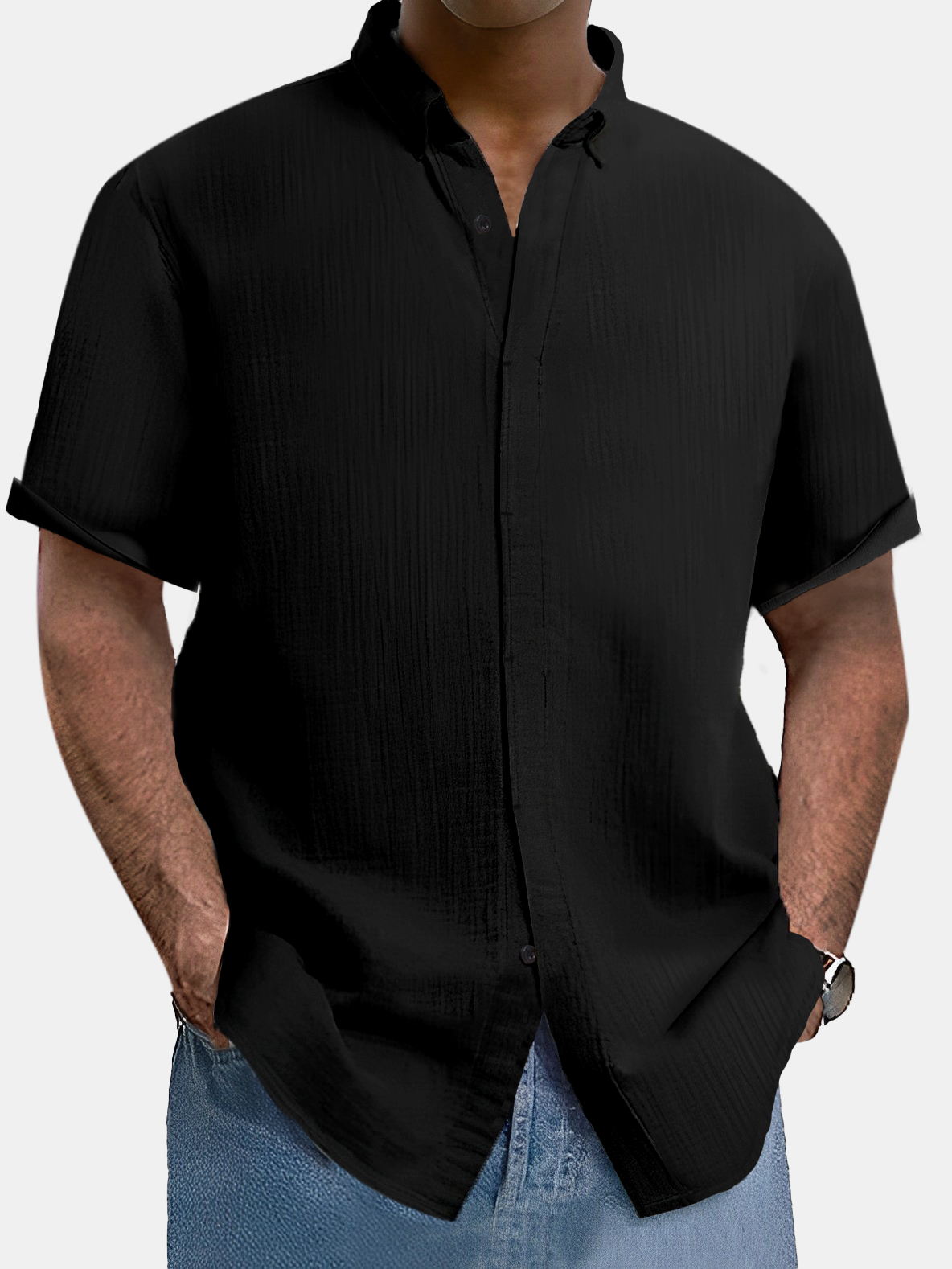 Men's comfortable solid color cotton and linen short-sleeved shirt