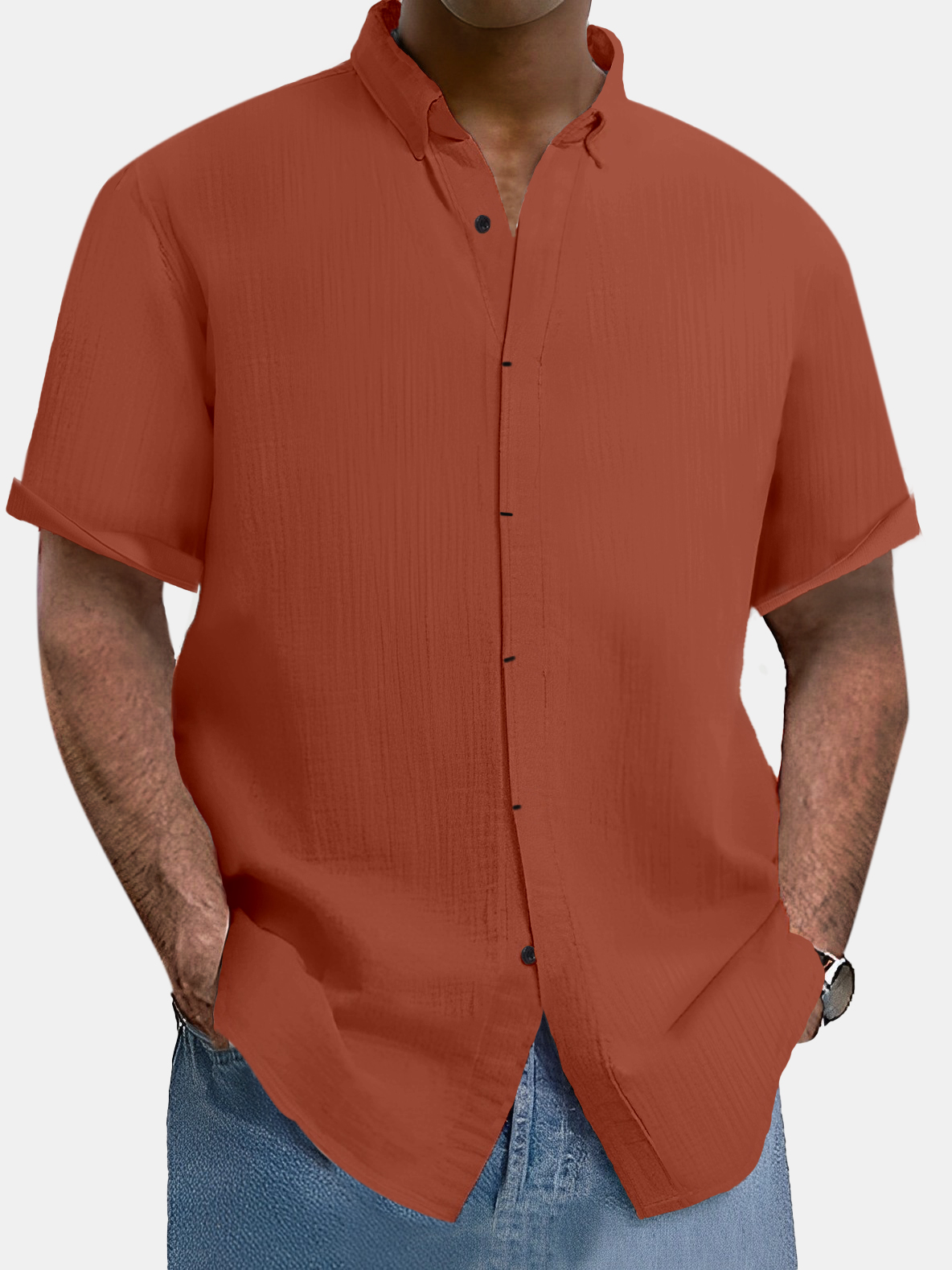 Men's comfortable solid color cotton and linen short-sleeved shirt