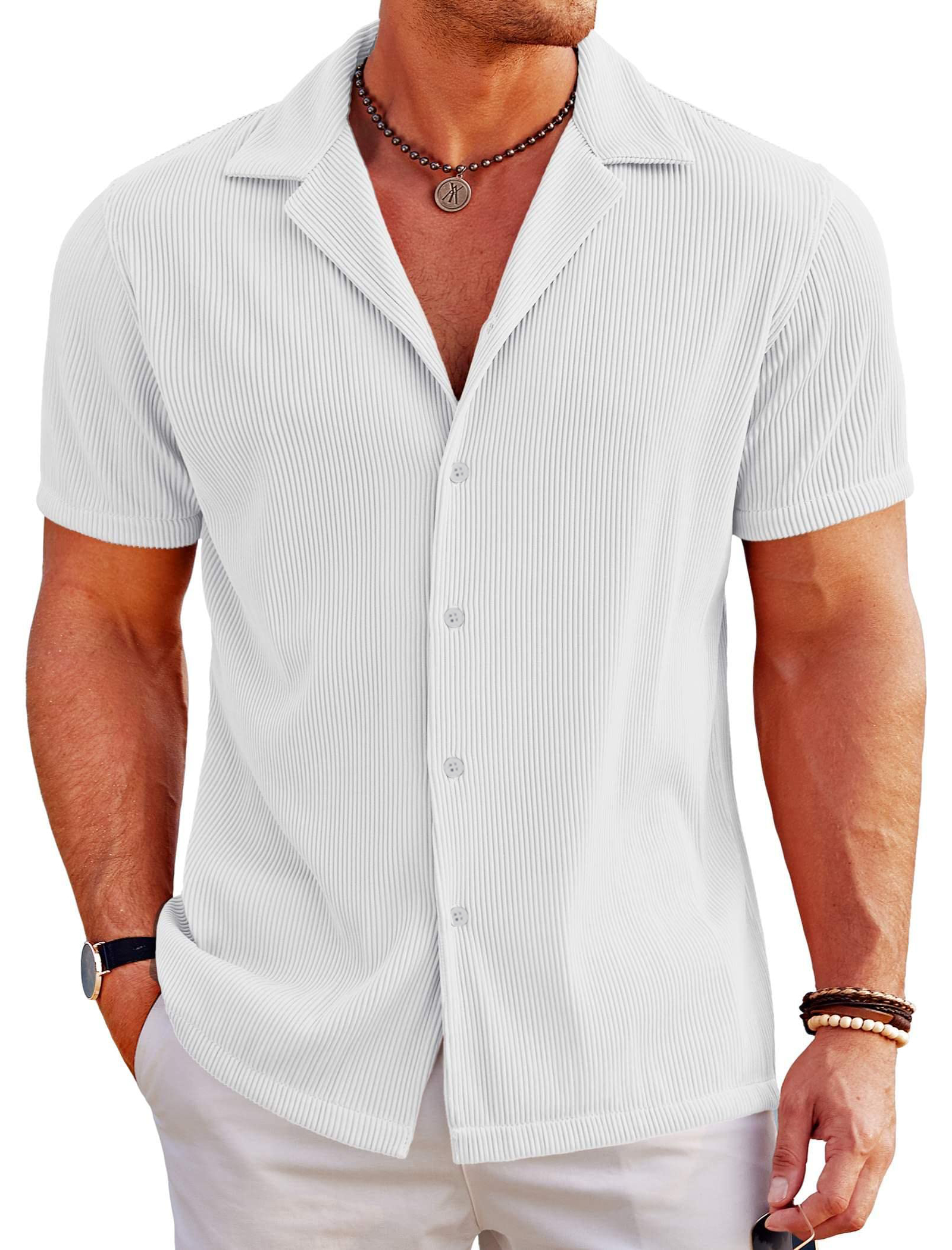 Men's Casual Solid Color Ribbed Cuban Collar Short-sleeved Shirt