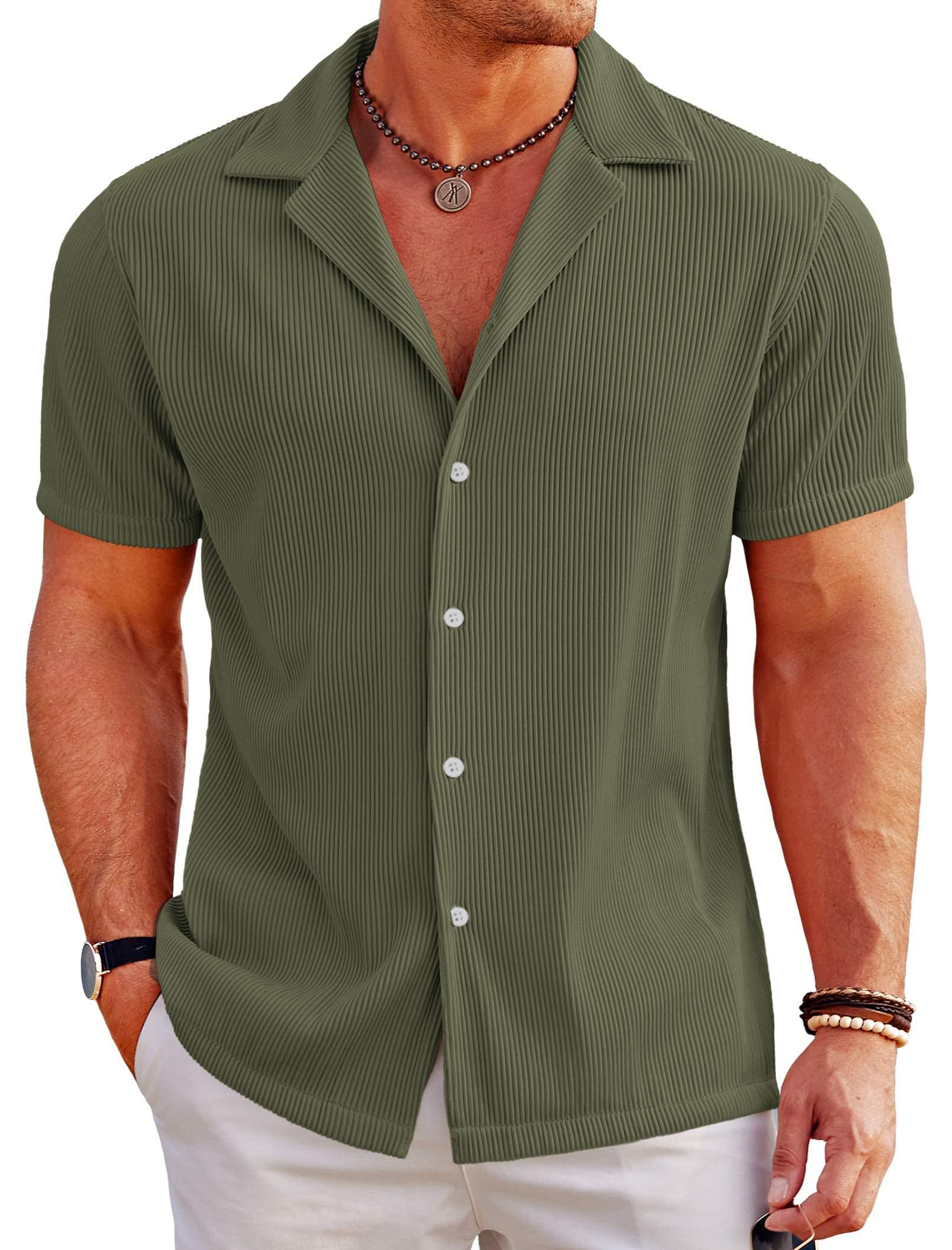 Men's Casual Solid Color Ribbed Cuban Collar Short-sleeved Shirt