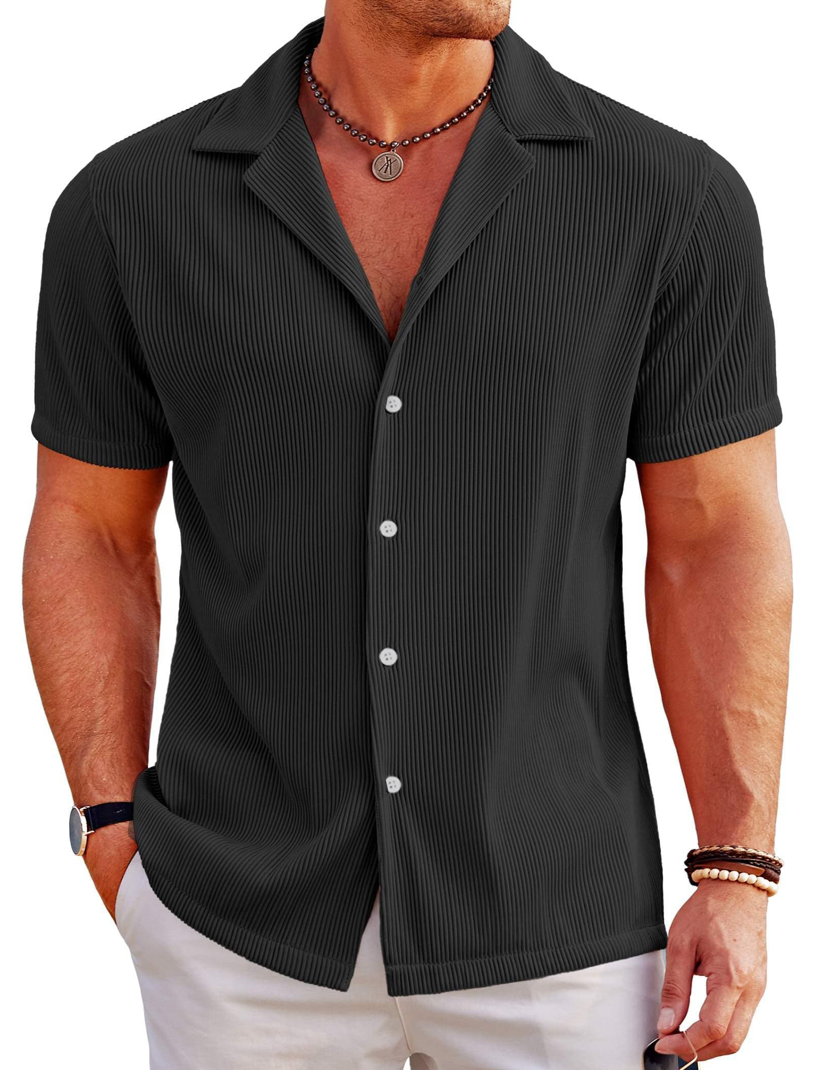 Men's Casual Solid Color Ribbed Cuban Collar Short-sleeved Shirt