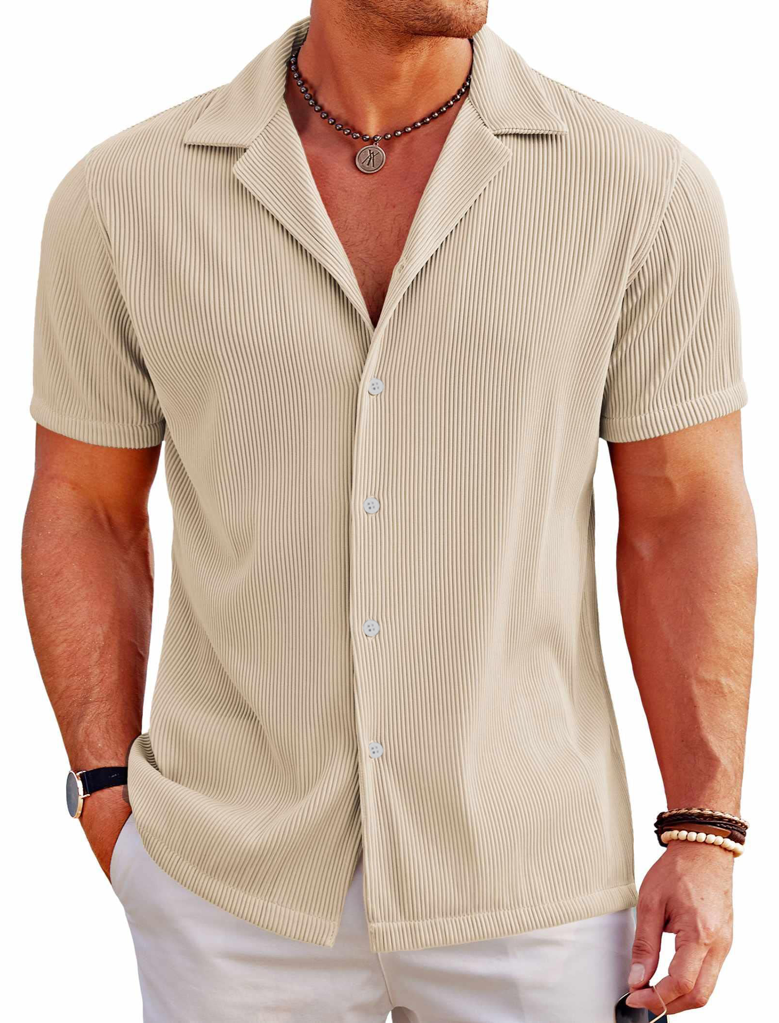 Men's Casual Solid Color Ribbed Cuban Collar Short-sleeved Shirt