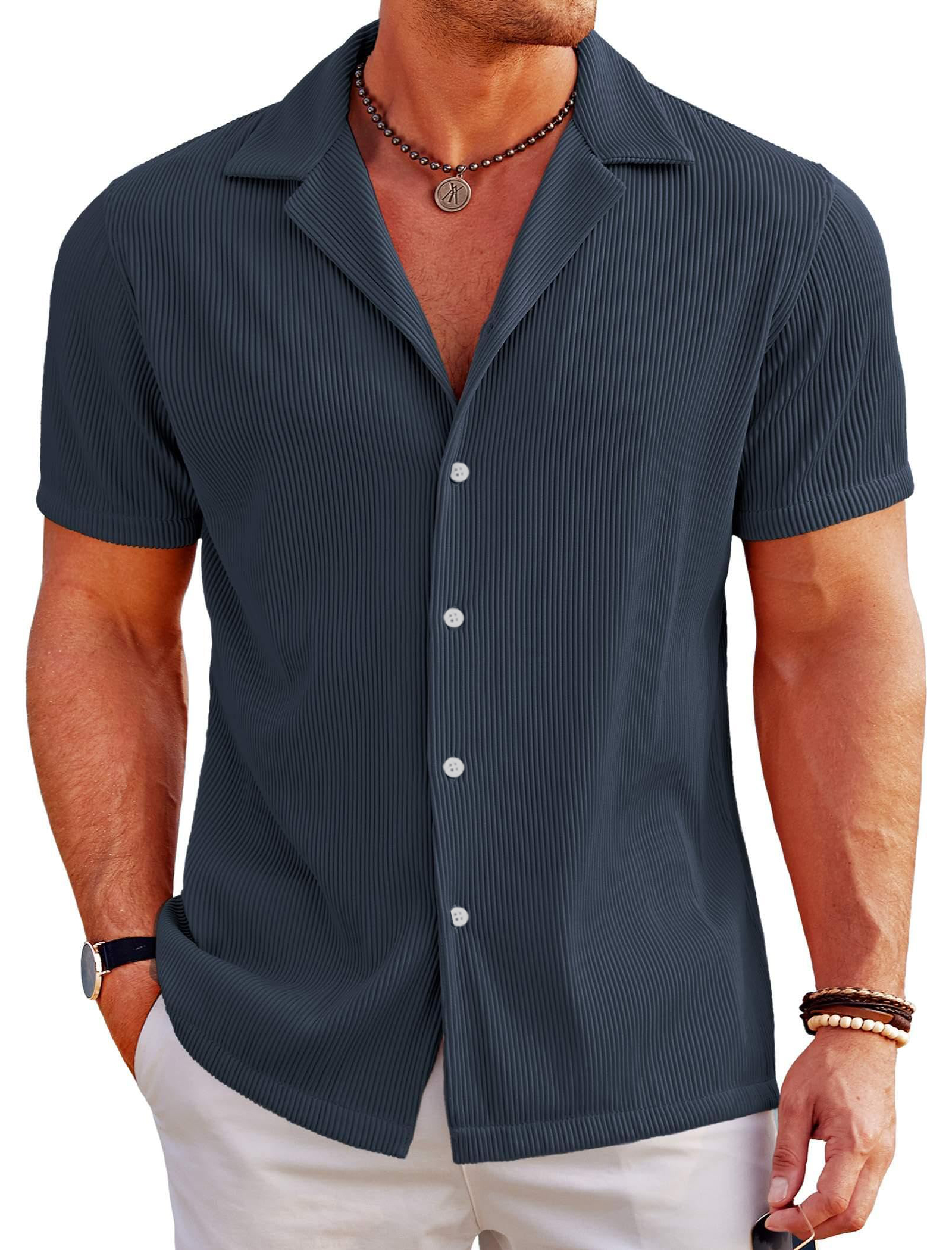 Men's Casual Solid Color Ribbed Cuban Collar Short-sleeved Shirt