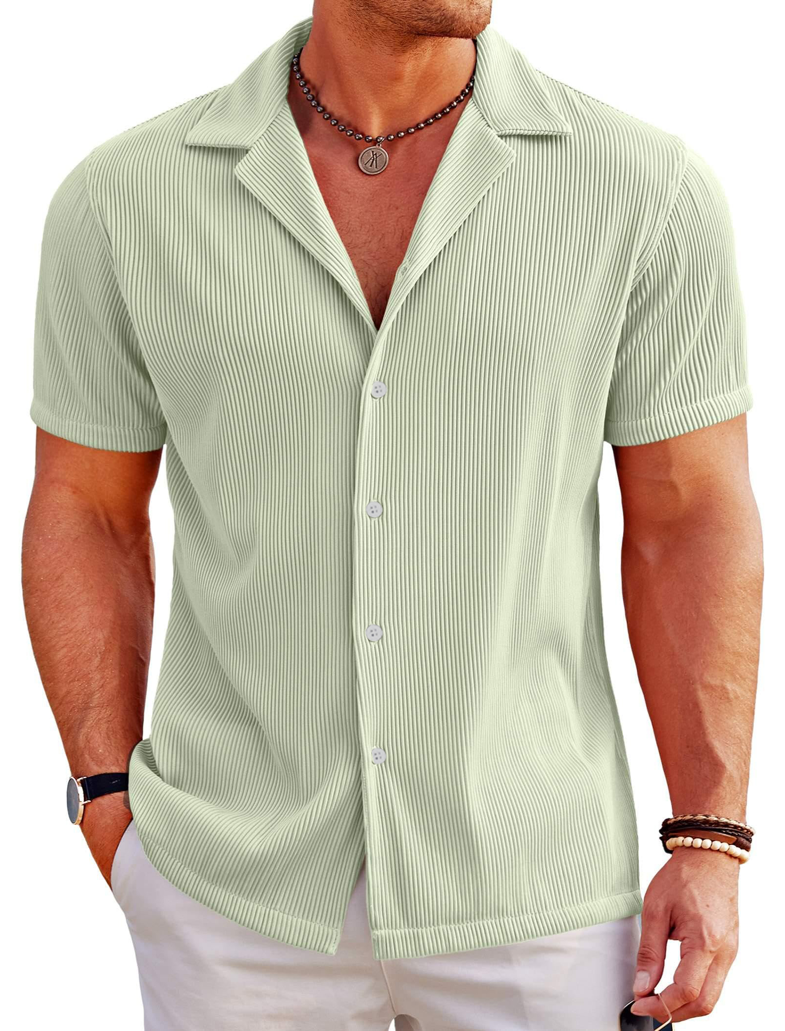 Men's Casual Solid Color Ribbed Cuban Collar Short-sleeved Shirt