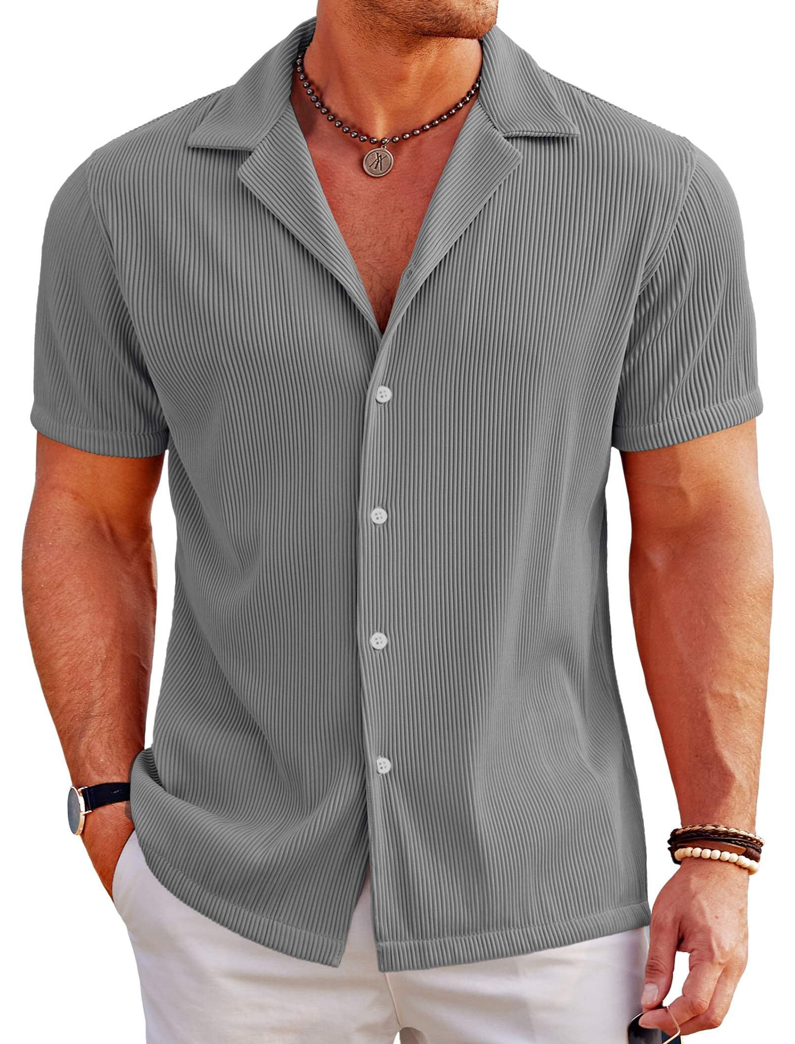 Men's Casual Solid Color Ribbed Cuban Collar Short-sleeved Shirt