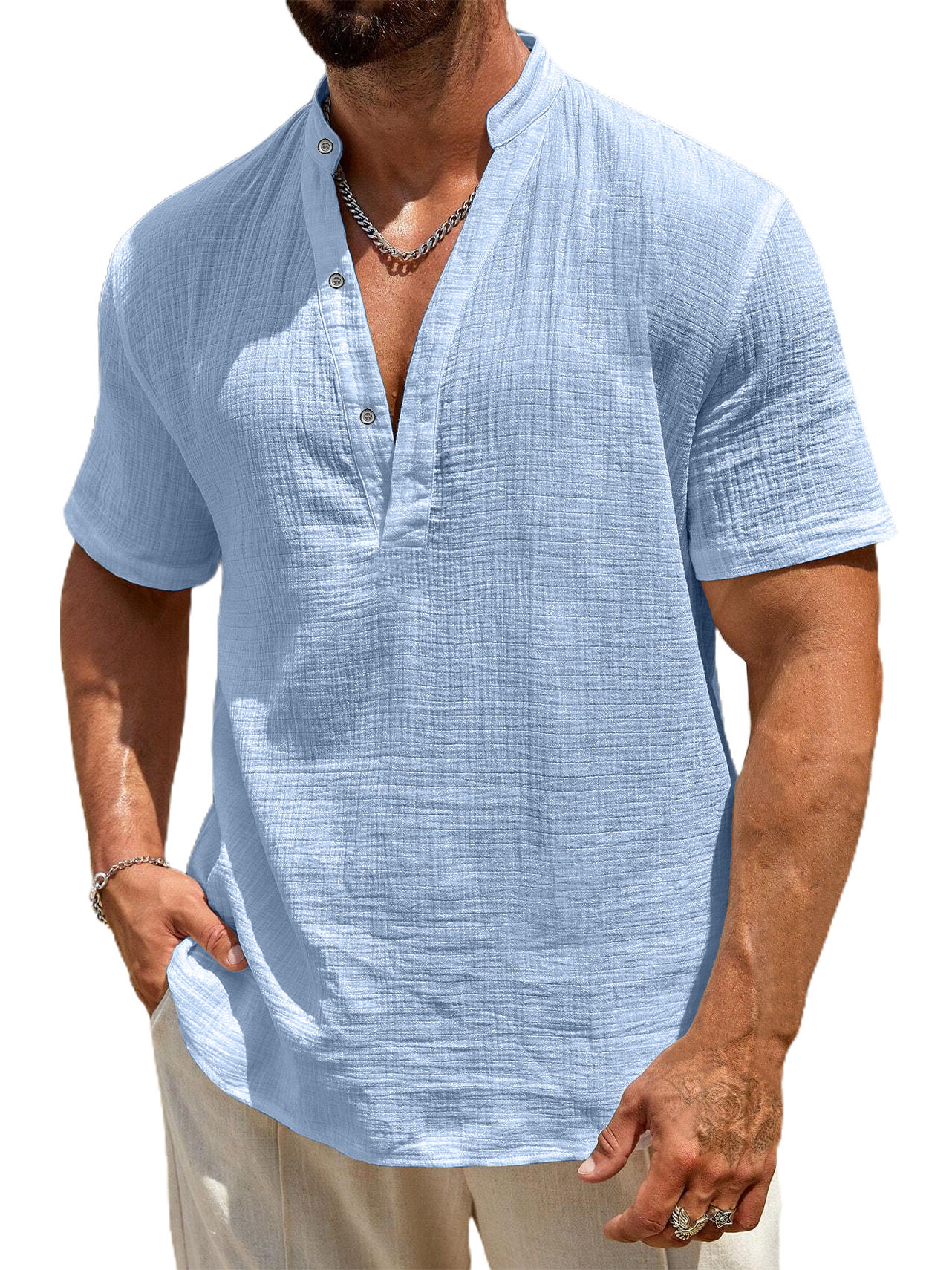 Men's Stand Collar Cotton And Linen Textured Casual Short-sleeved Shirt