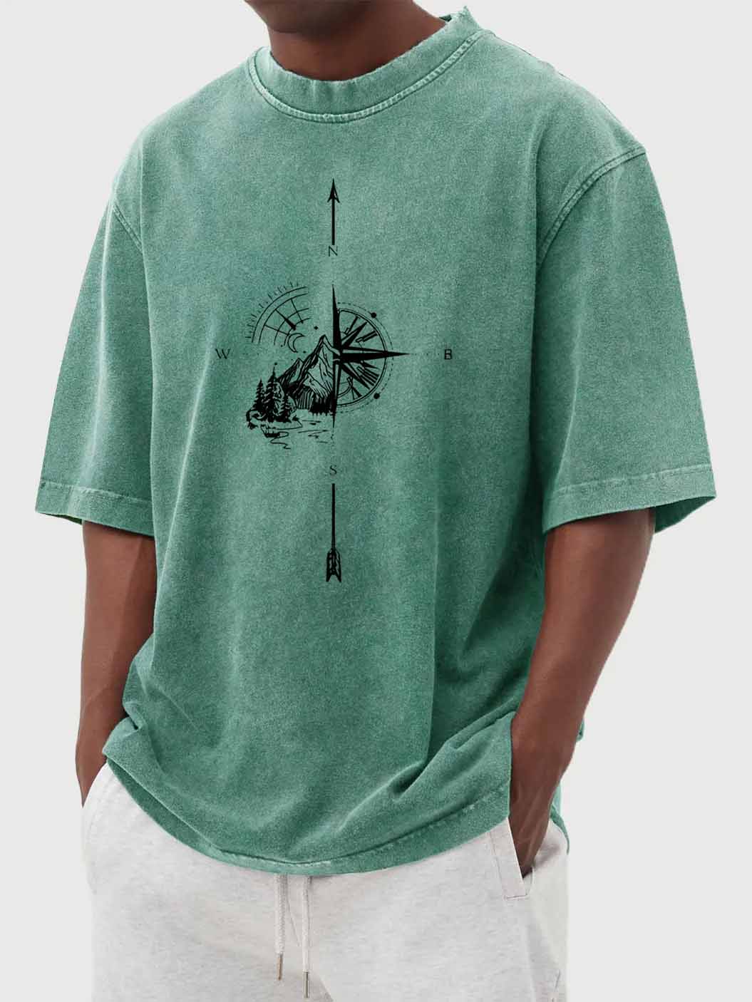 Men's Vintage Washed Compass Mountains Print Short Sleeve T-Shirt