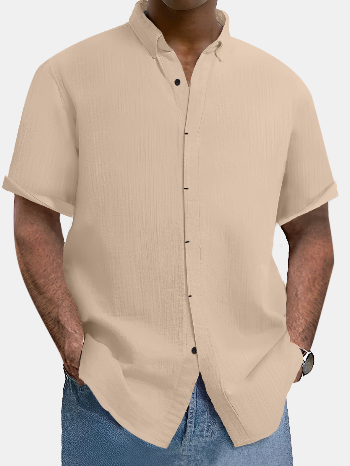 Men's comfortable solid color cotton and linen short-sleeved shirt