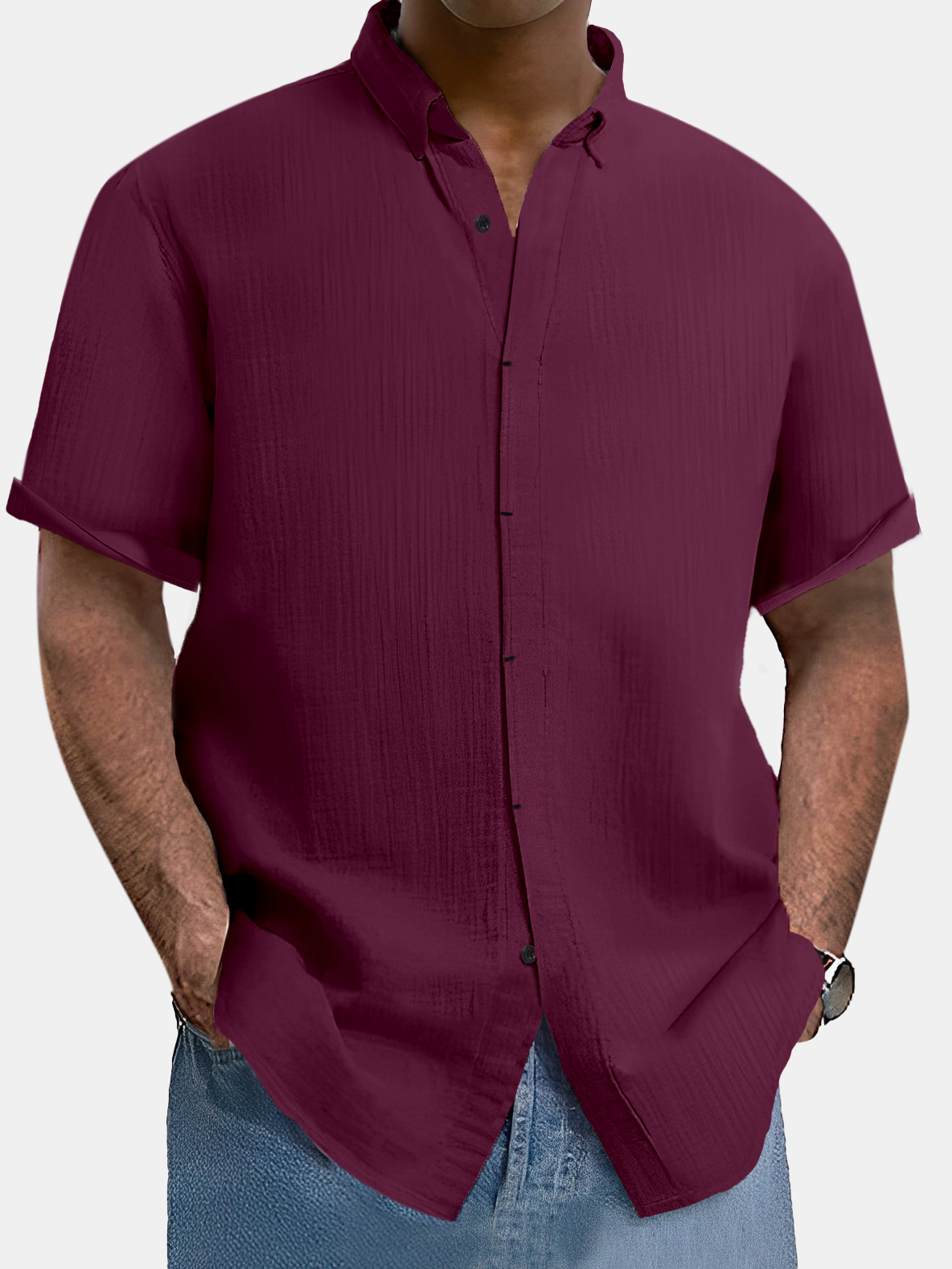 Men's comfortable solid color cotton and linen short-sleeved shirt