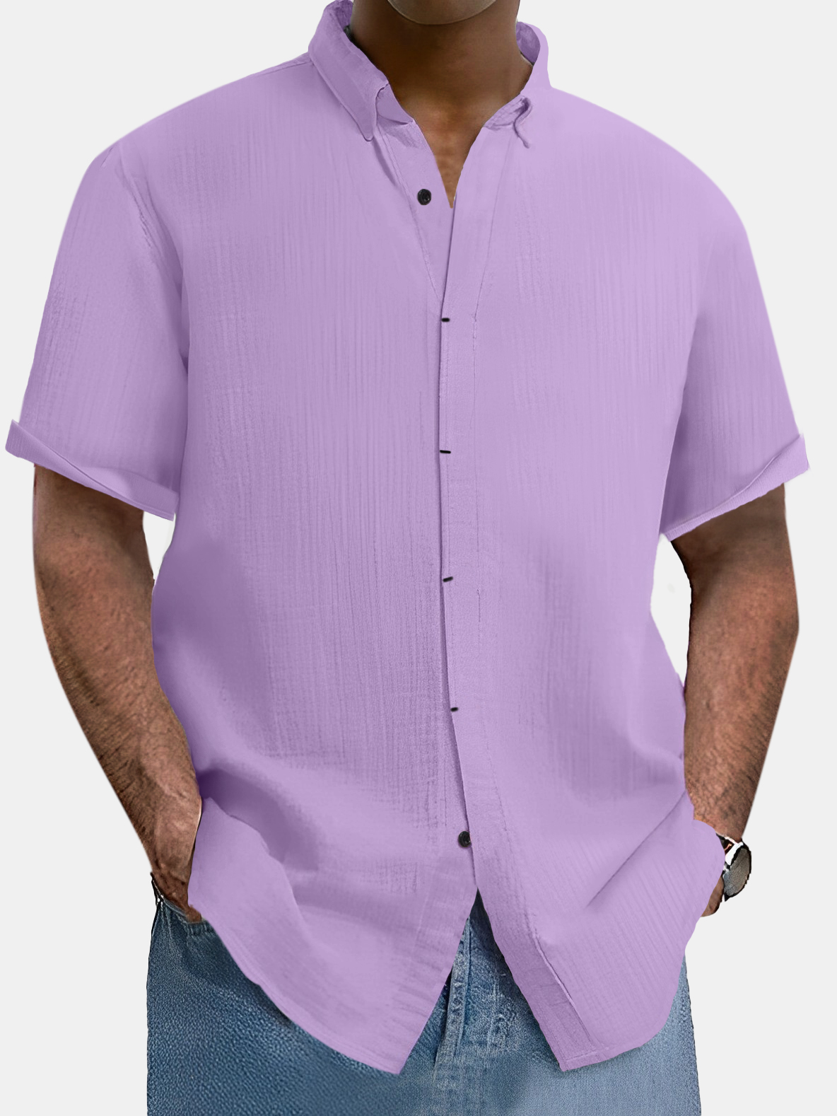 Men's comfortable solid color cotton and linen short-sleeved shirt