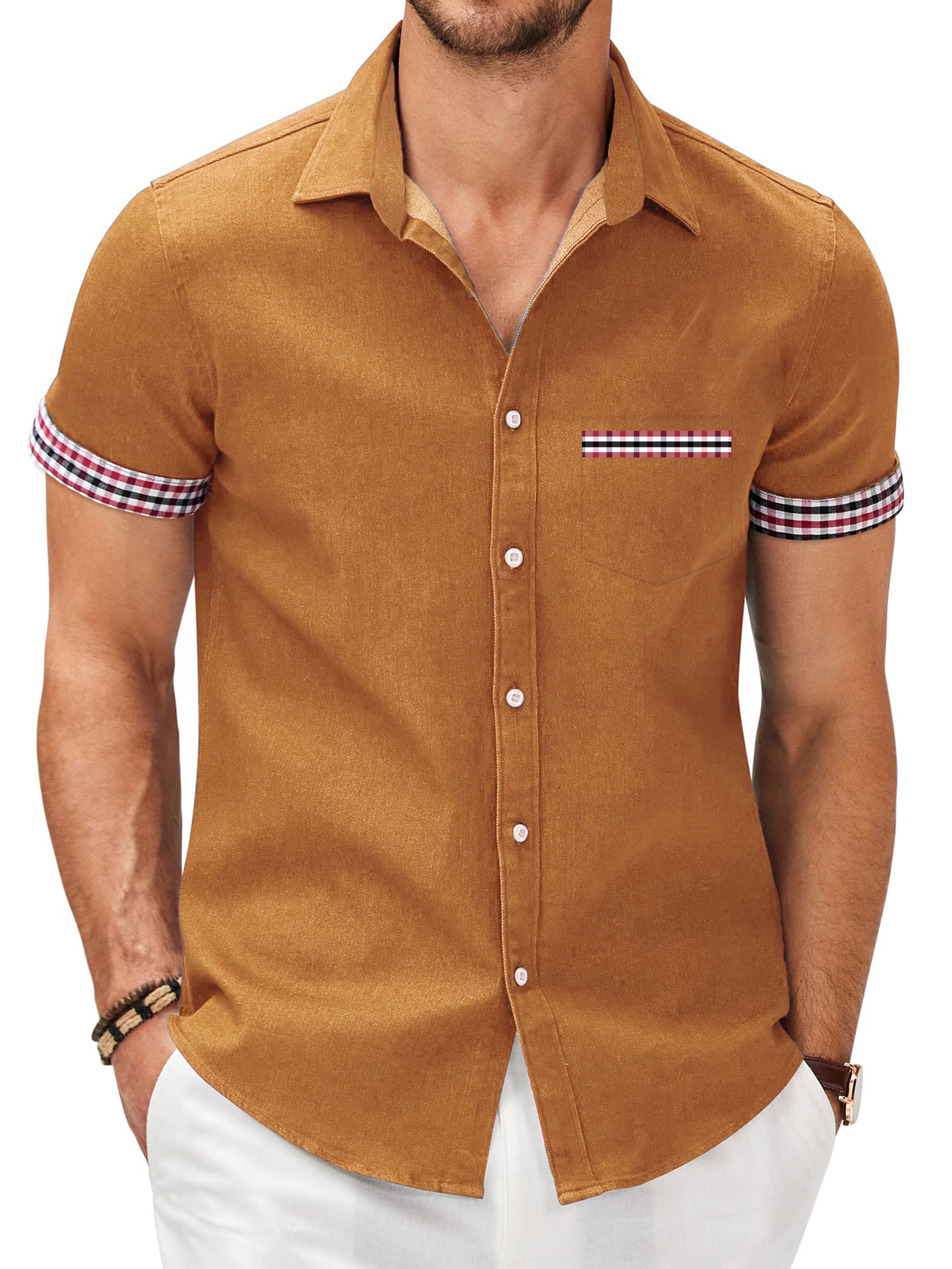 Men's Patchwork Plaid Print Pocket Short Sleeve Shirt