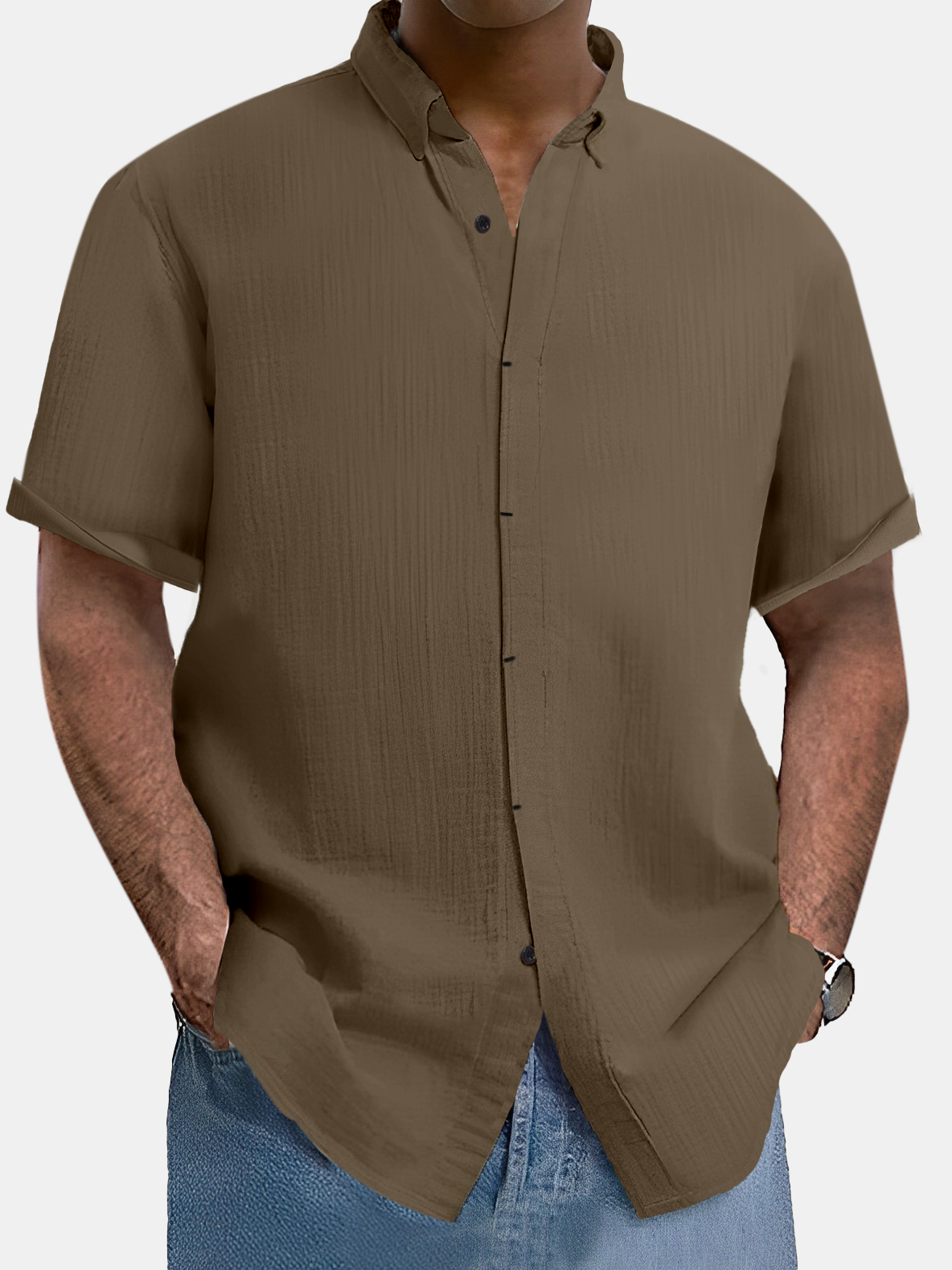 Men's comfortable solid color cotton and linen short-sleeved shirt