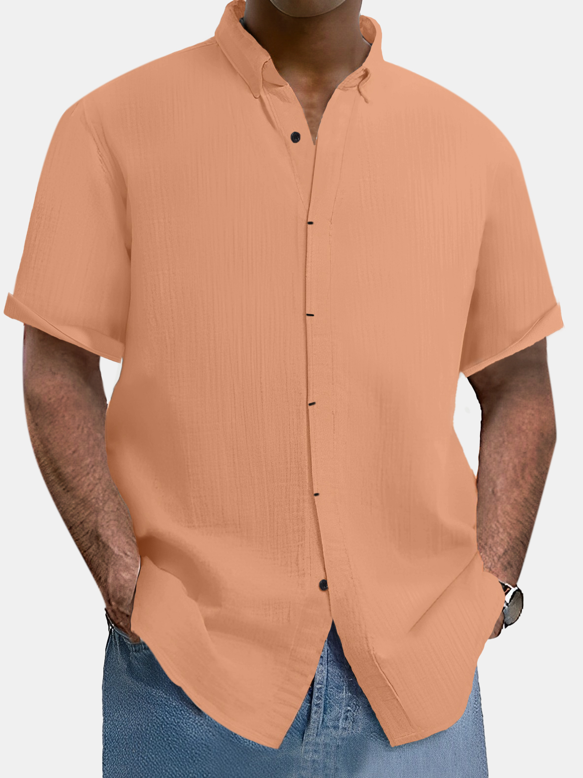 Men's comfortable solid color cotton and linen short-sleeved shirt