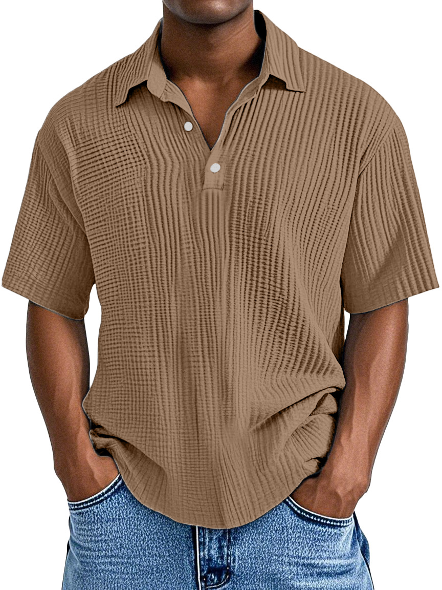 Men's Simple Daily Loose Pleated Texture Short Sleeve Lapel Polo Shirt