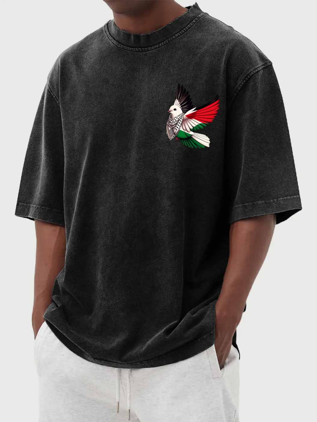 Men's Fashion Vintage Washed Peace Dove Print Short Sleeve T-Shirt