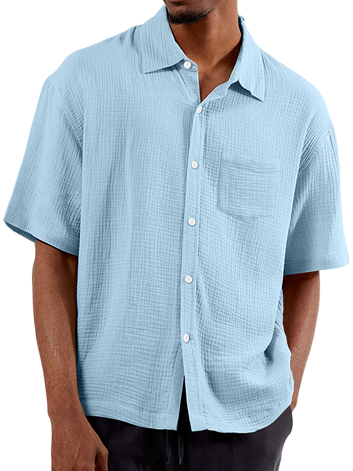 Men's Summer Solid Color Pleated Lapel Pocket Comfort Short Sleeve Shirt