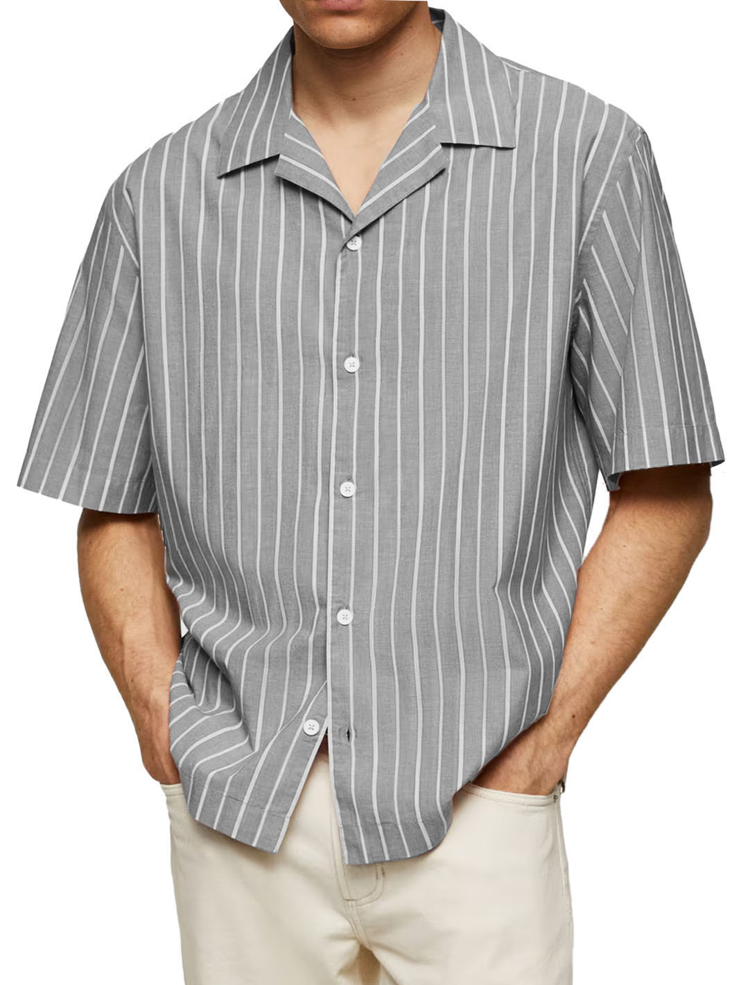 Men's Casual Striped Printed Cuban Collar Short Sleeve Shirt
