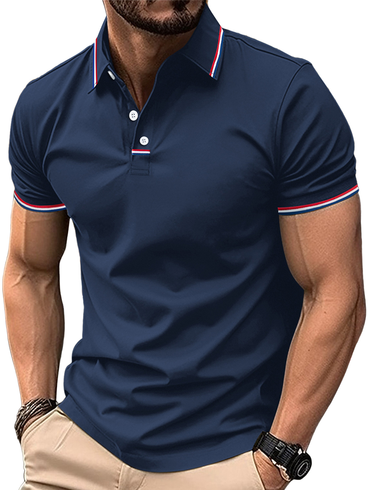 Men's casual POLO shirt with lapel placket and drawstring buttons