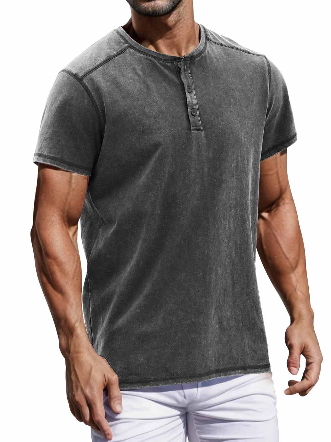 Men's Casual Basic Distressed Button Henley Shirt