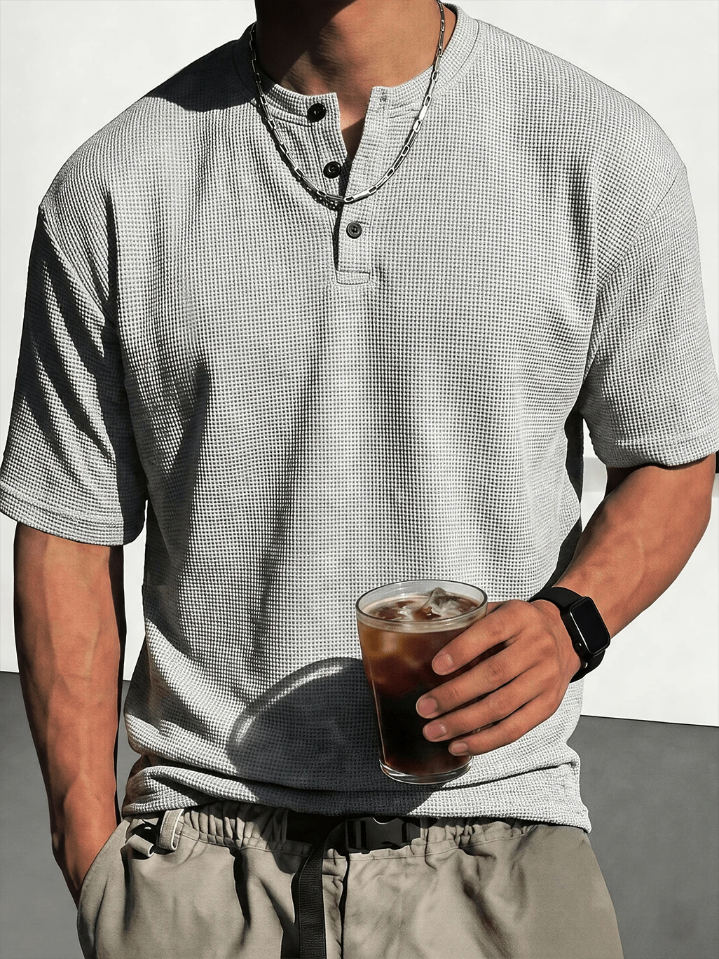 Men's Waffle-Knit Casual Short-Sleeve Henley Shirt