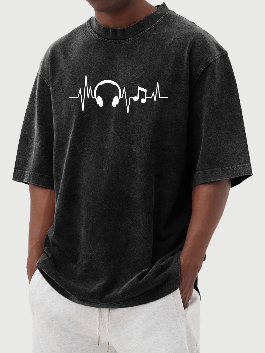 Men's vintage washed distressed headphone note printed short-sleeved T-shirt