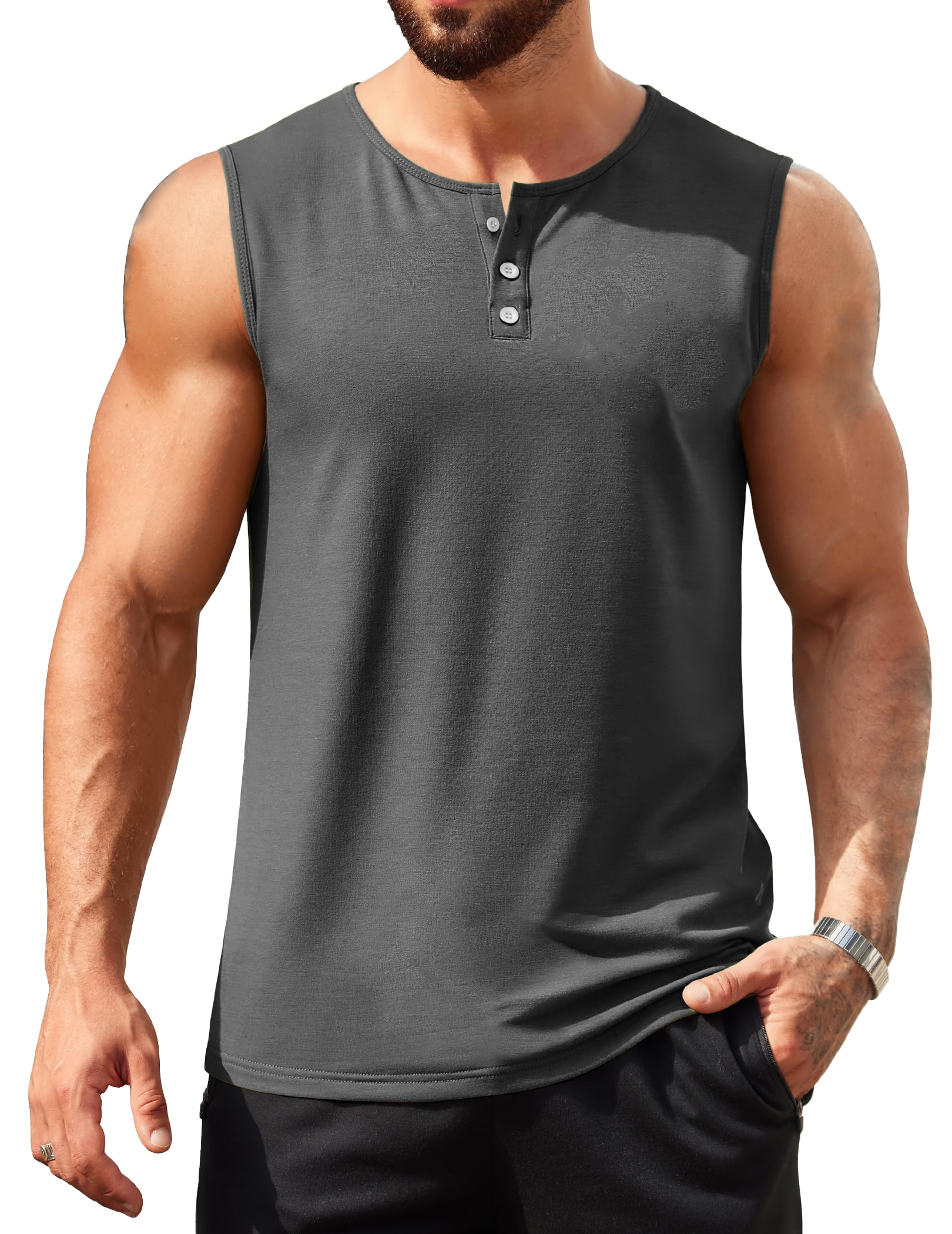 Men's Hawaiian Casual Comfort Button-Down Crew Neck Sleeveless Henley Shirt