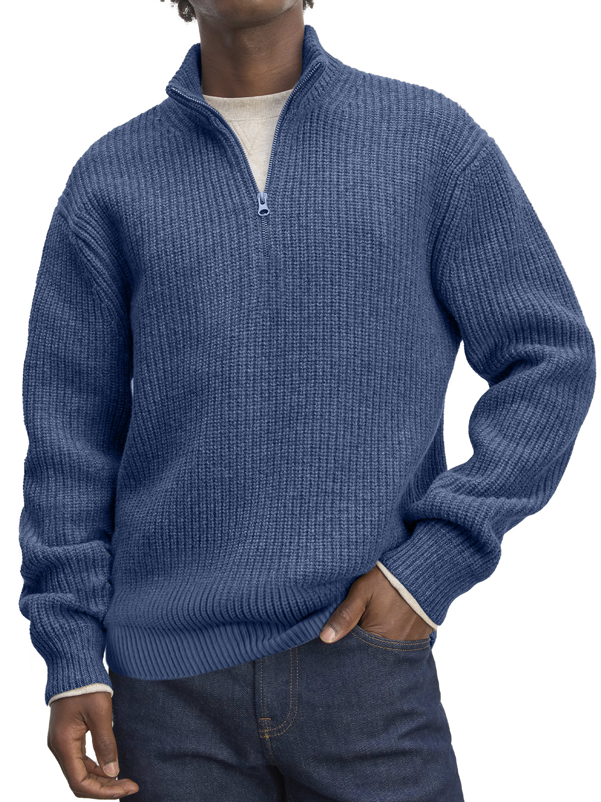 Men's Casual Stand Collar Zipper Solid Color Comfortable Knitted Sweater