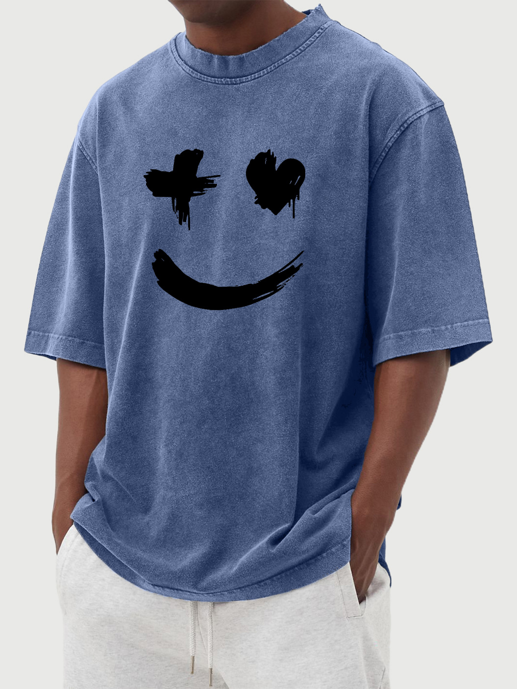 Men's vintage washed distressed heart smile print short-sleeved T-shirt