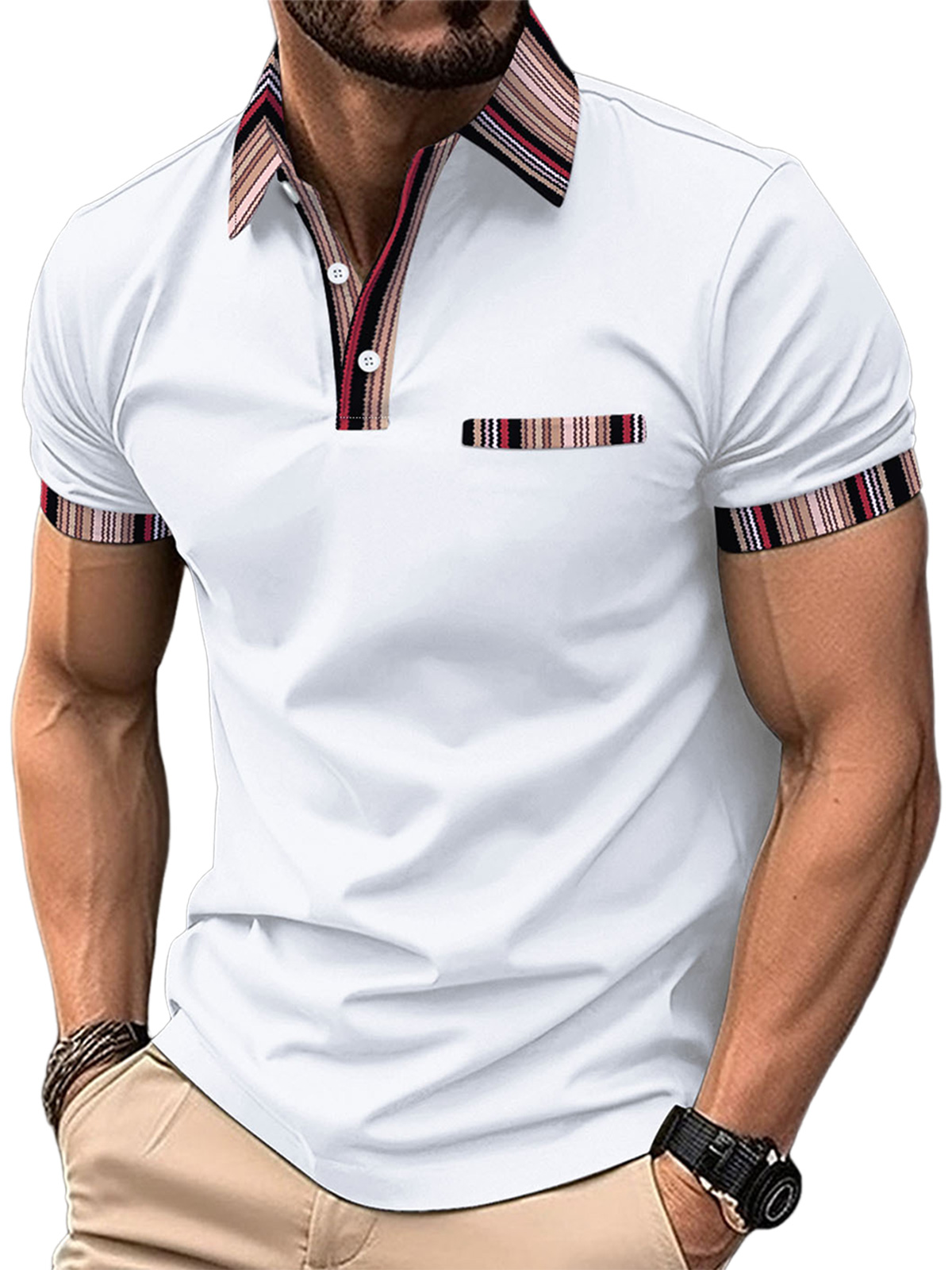 Men's Casual Fake Pocket Striped Color Block POLO Shirt