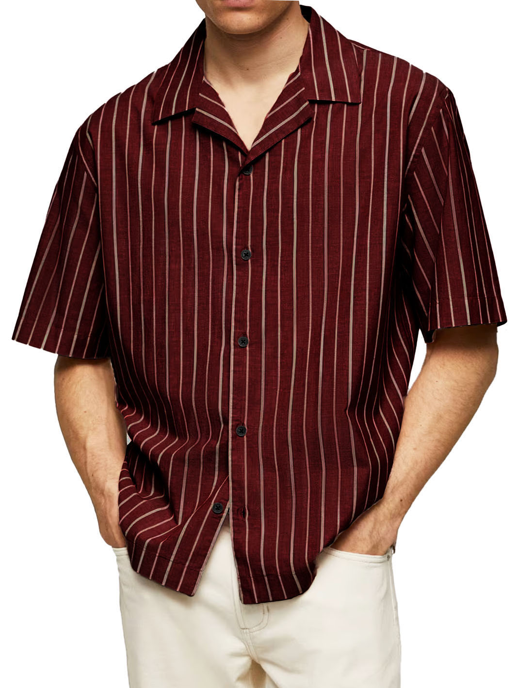 Men's Casual Striped Printed Cuban Collar Short Sleeve Shirt