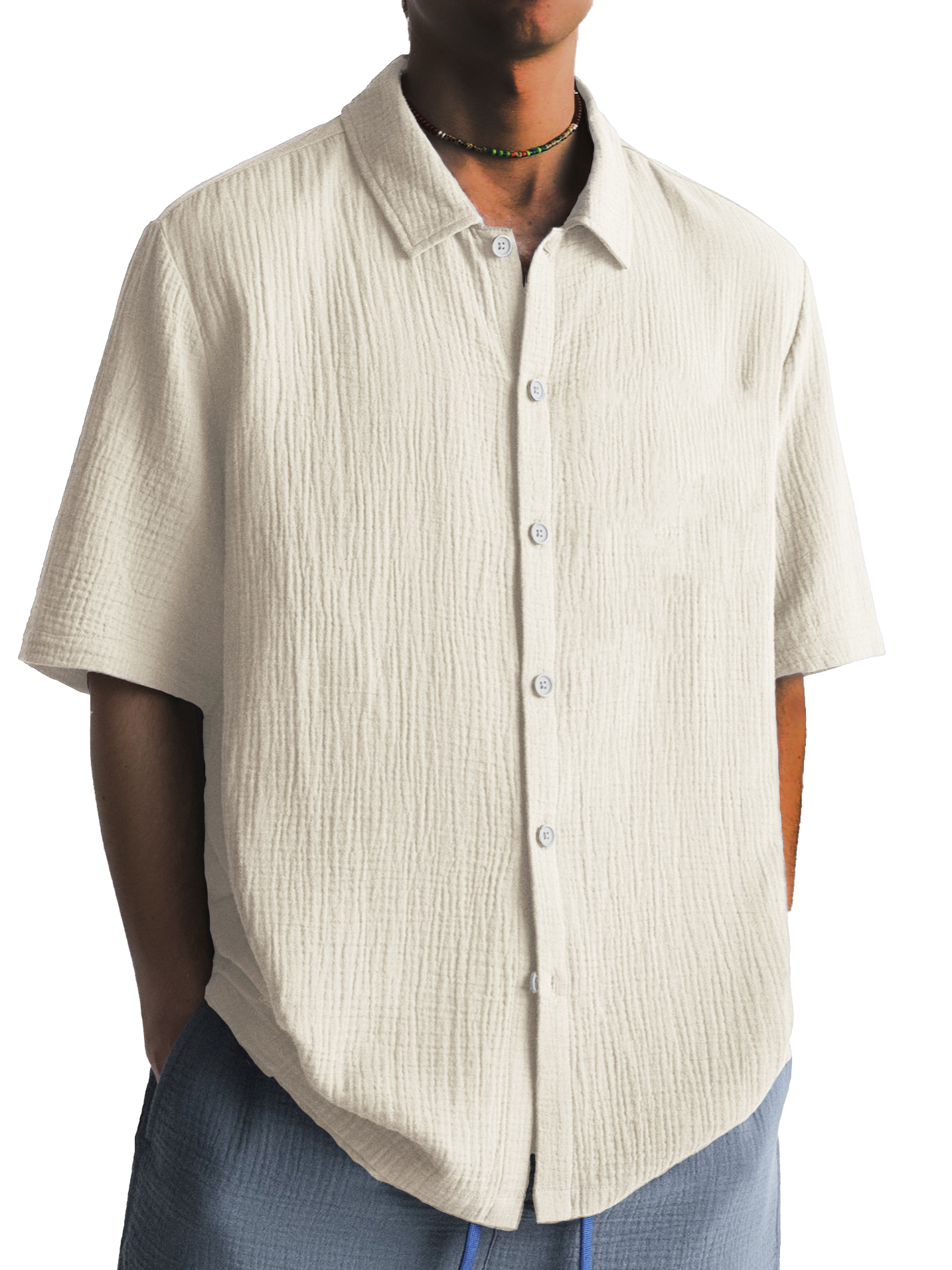 Men's Fashion Pleated Casual Lapel Short Sleeve Shirt