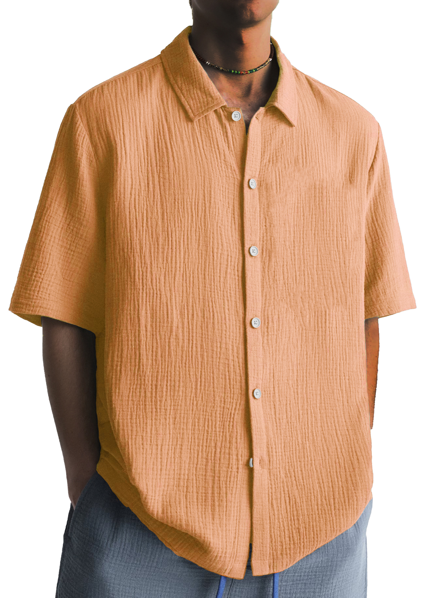 Men's Fashion Pleated Casual Lapel Short Sleeve Shirt