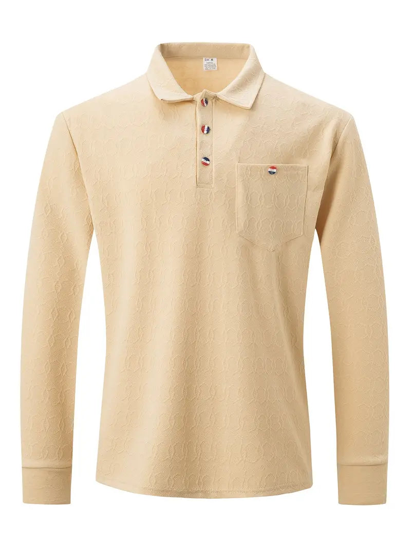 High Quality Men's Pocket Long Sleeve Jacquard Lapel Polo