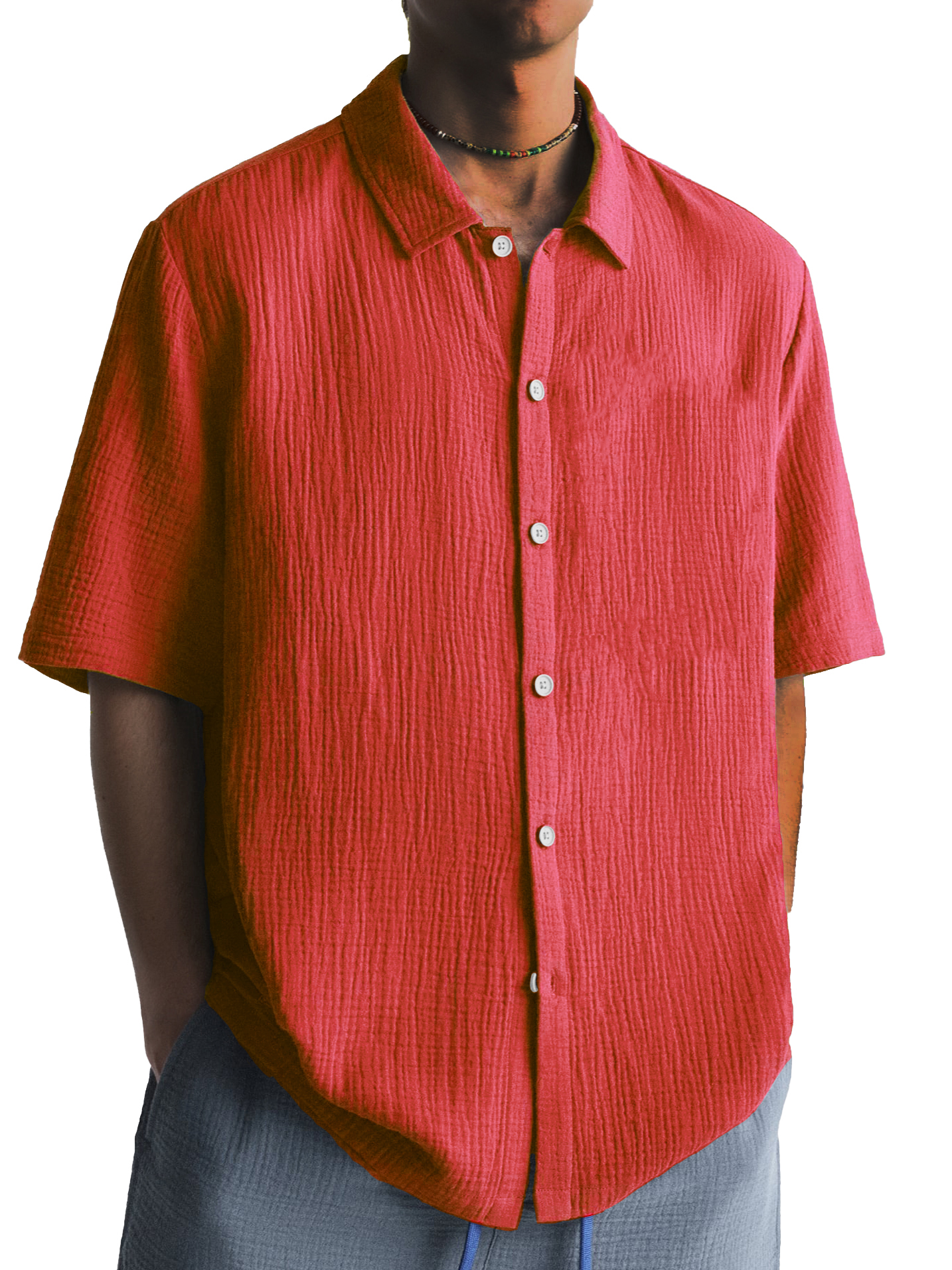 Men's Fashion Pleated Casual Lapel Short Sleeve Shirt