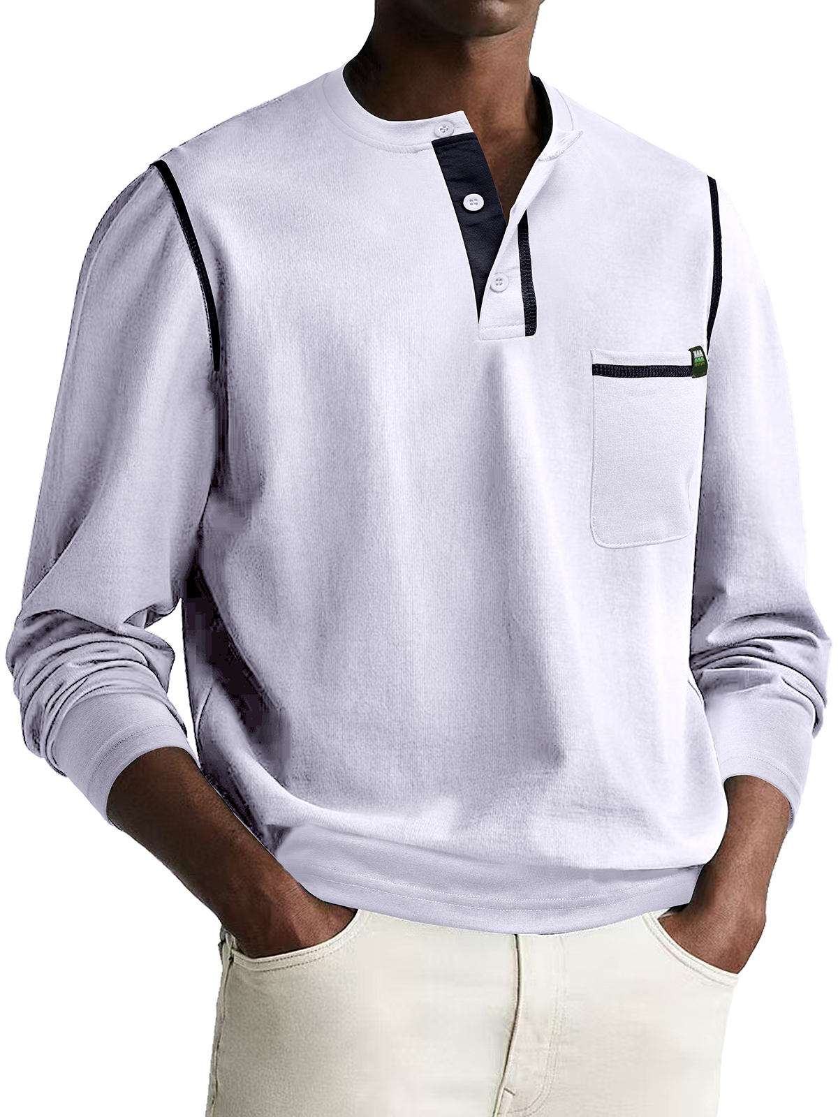 Men's Fashion Casual Patchwork Long Sleeve Pocket Henley