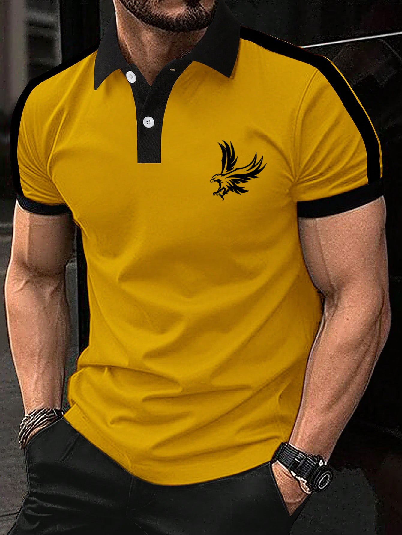 Men's Patchwork Eagle Print Short Sleeve Polo Shirt