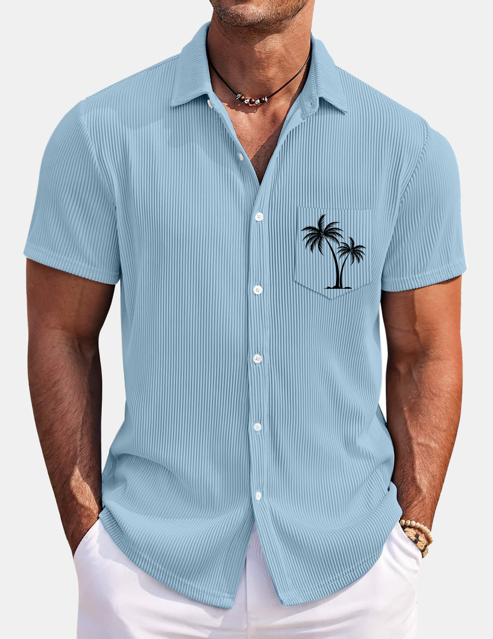 Men's Hawaiian Coconut Strip Solid Color Comfortable Short Sleeve Shirt