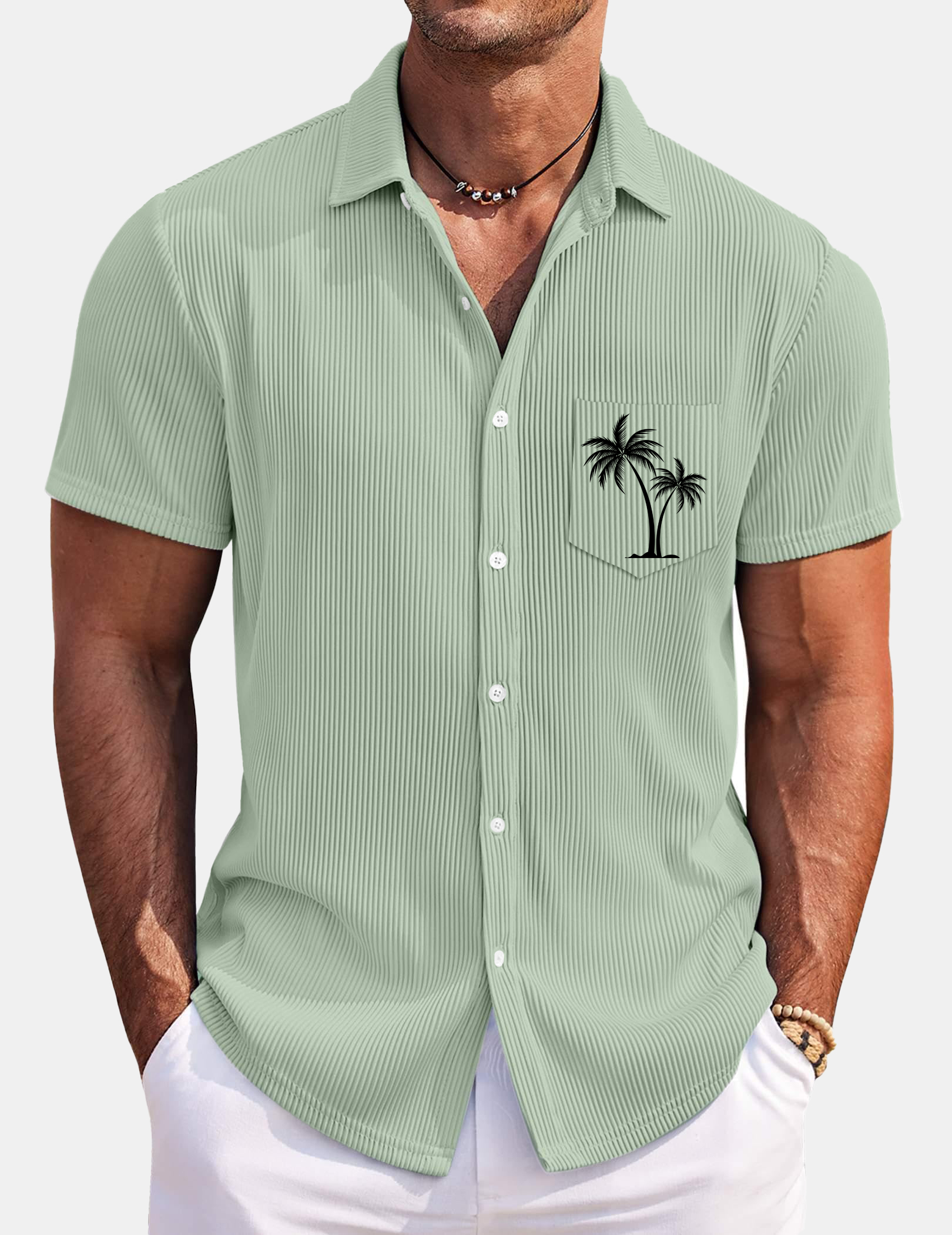 Men's Hawaiian Coconut Strip Solid Color Comfortable Short Sleeve Shirt