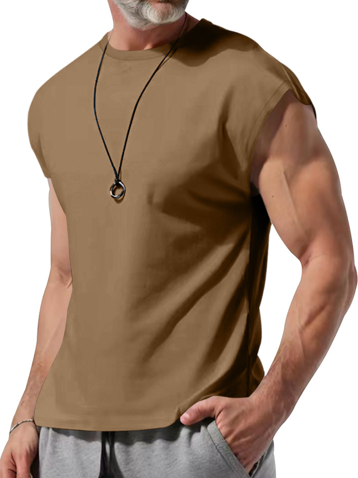 Men's Summer Cotton Round Neck Solid Color Sleeveless Tank Top T-Shirt