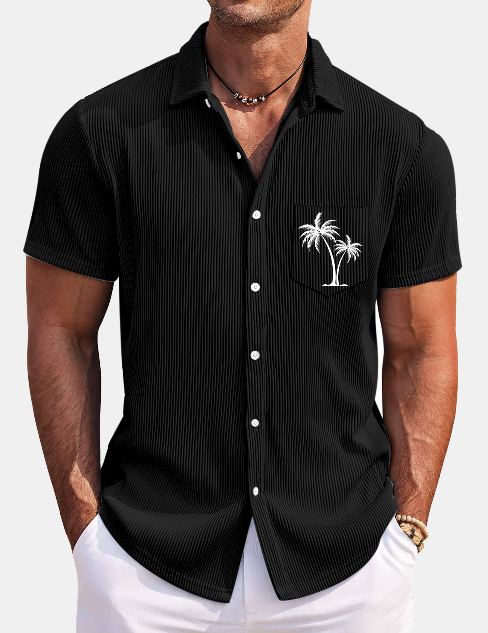 Men's Hawaiian Coconut Strip Solid Color Comfortable Short Sleeve Shirt