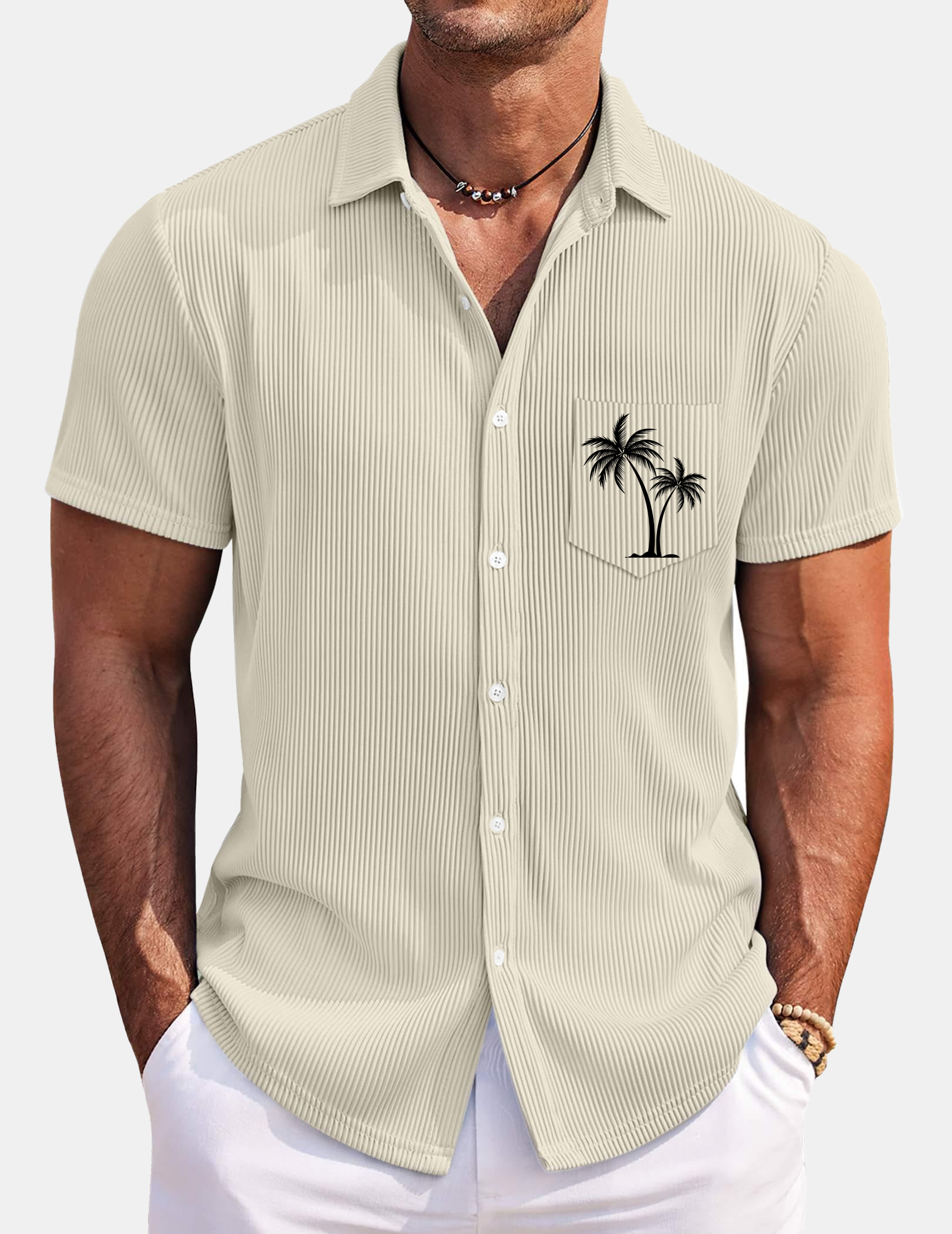 Men's Hawaiian Coconut Strip Solid Color Comfortable Short Sleeve Shirt