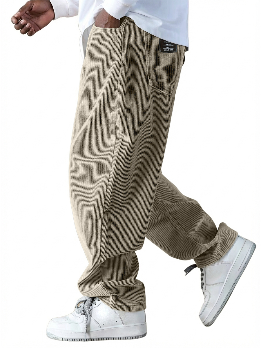 Men's Casual Retro Multi-Pocket Workwear Embroidered Logo Corduroy Pants