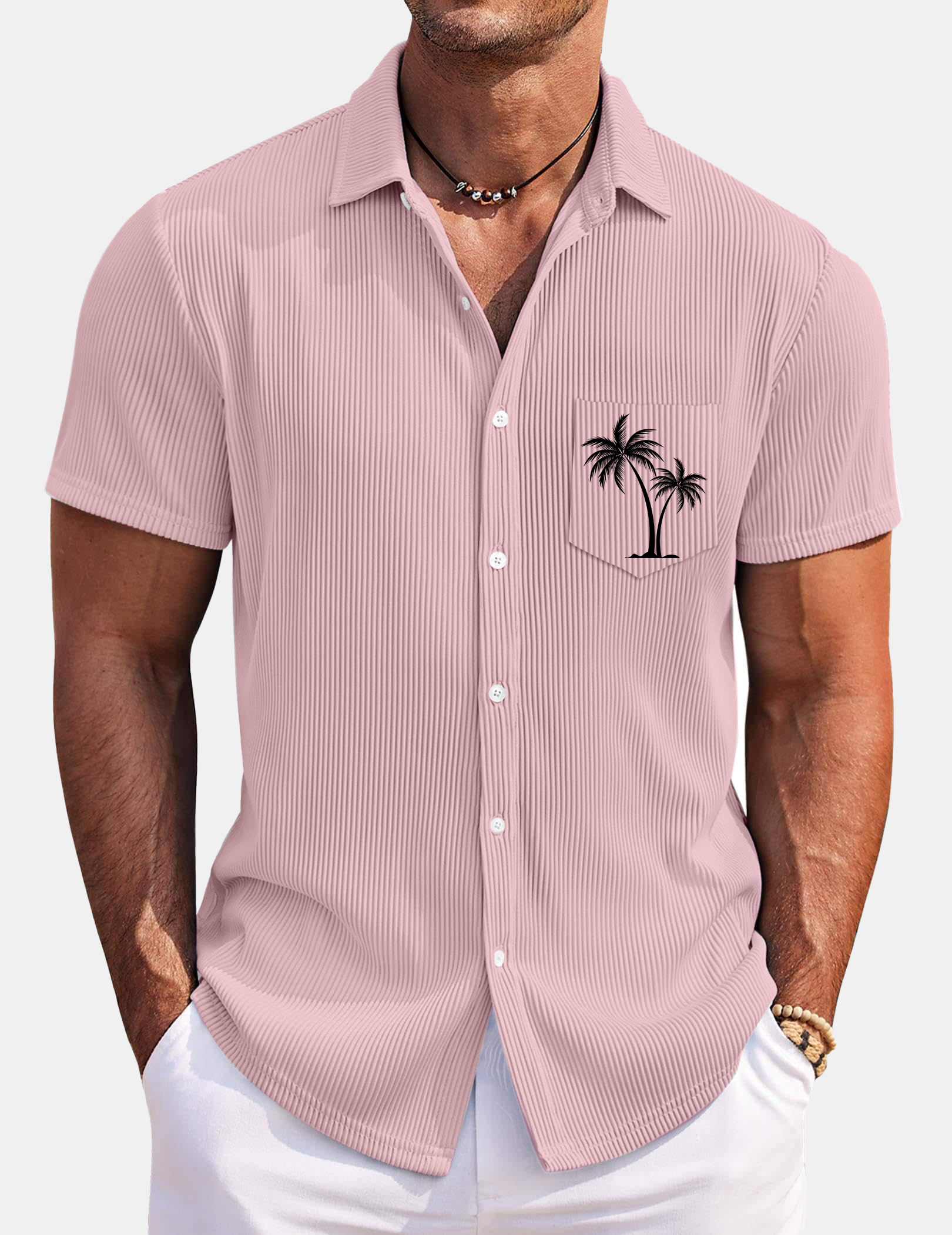 Men's Hawaiian Coconut Strip Solid Color Comfortable Short Sleeve Shirt