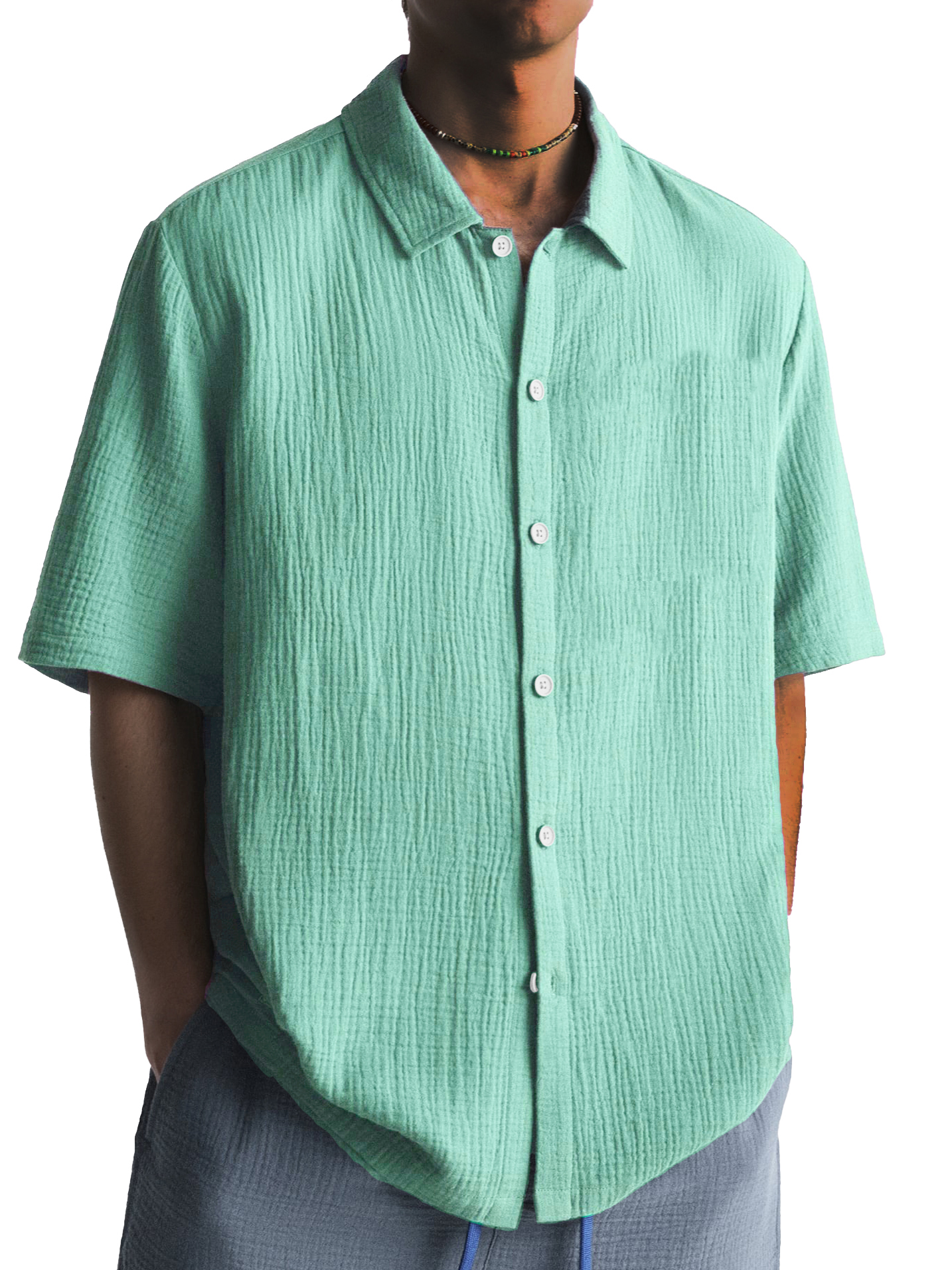Men's Fashion Pleated Casual Lapel Short Sleeve Shirt