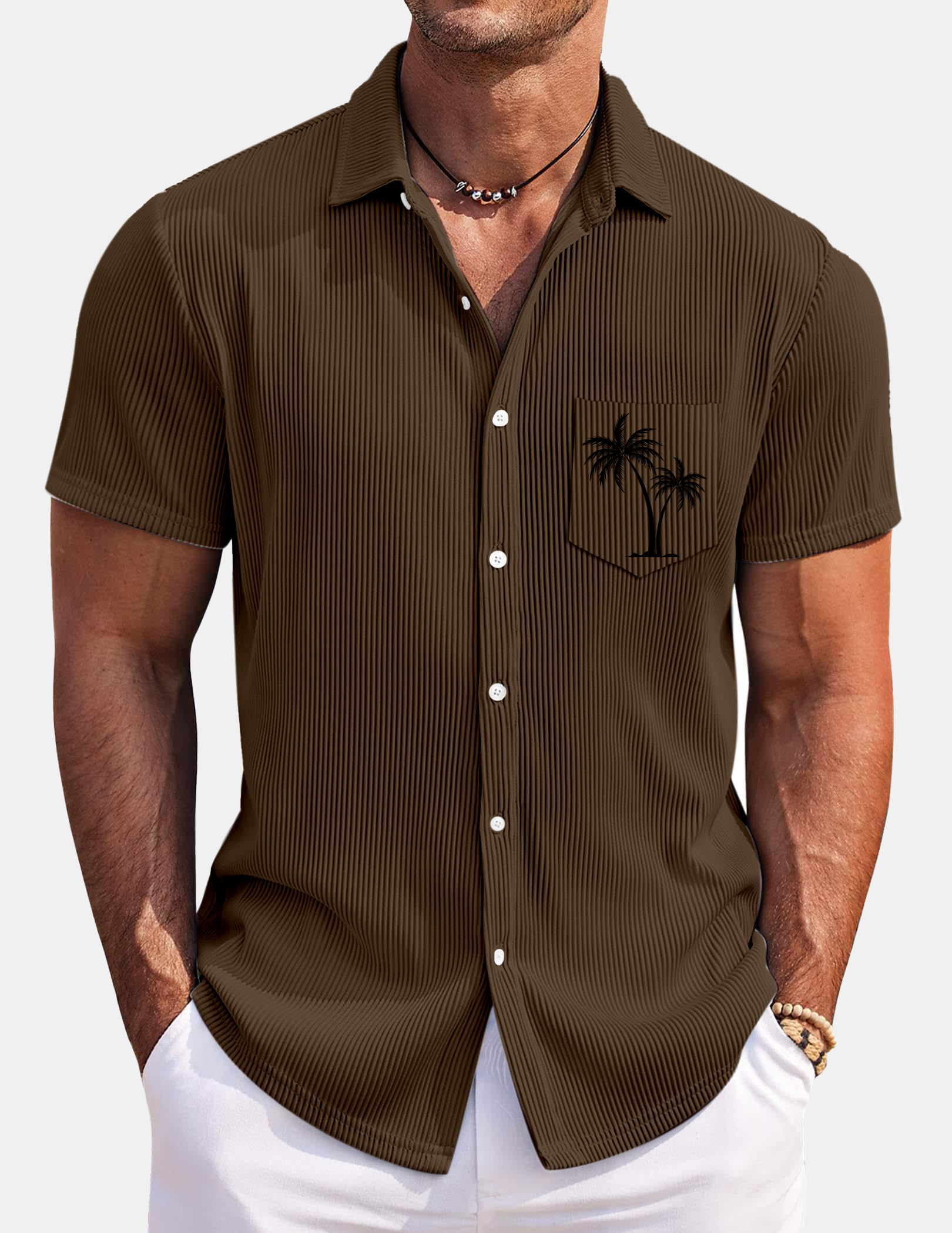 Men's Hawaiian Coconut Strip Solid Color Comfortable Short Sleeve Shirt