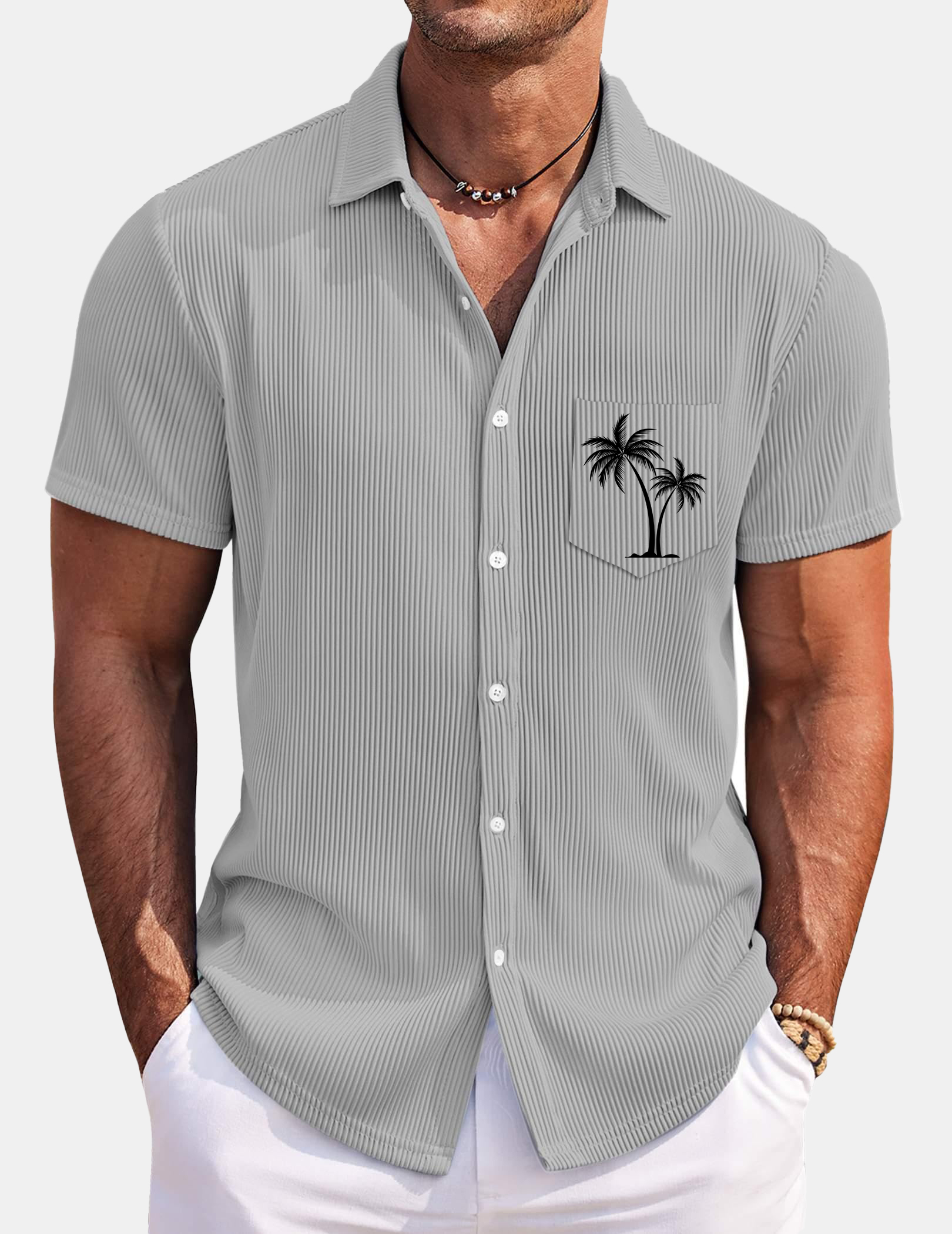 Men's Hawaiian Coconut Strip Solid Color Comfortable Short Sleeve Shirt